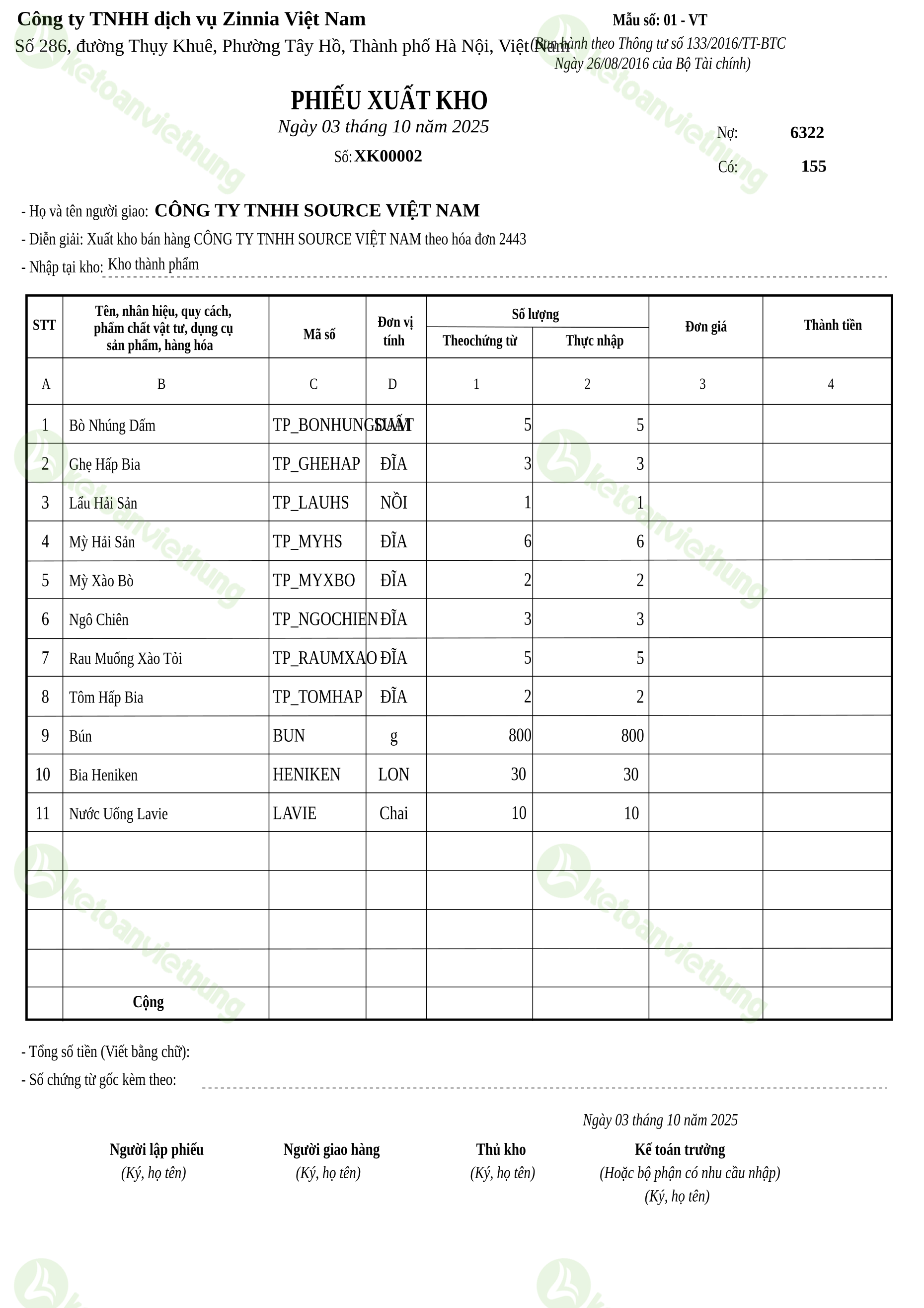 Phiếu xuất kho thành phẩm bán hàng: XK00002