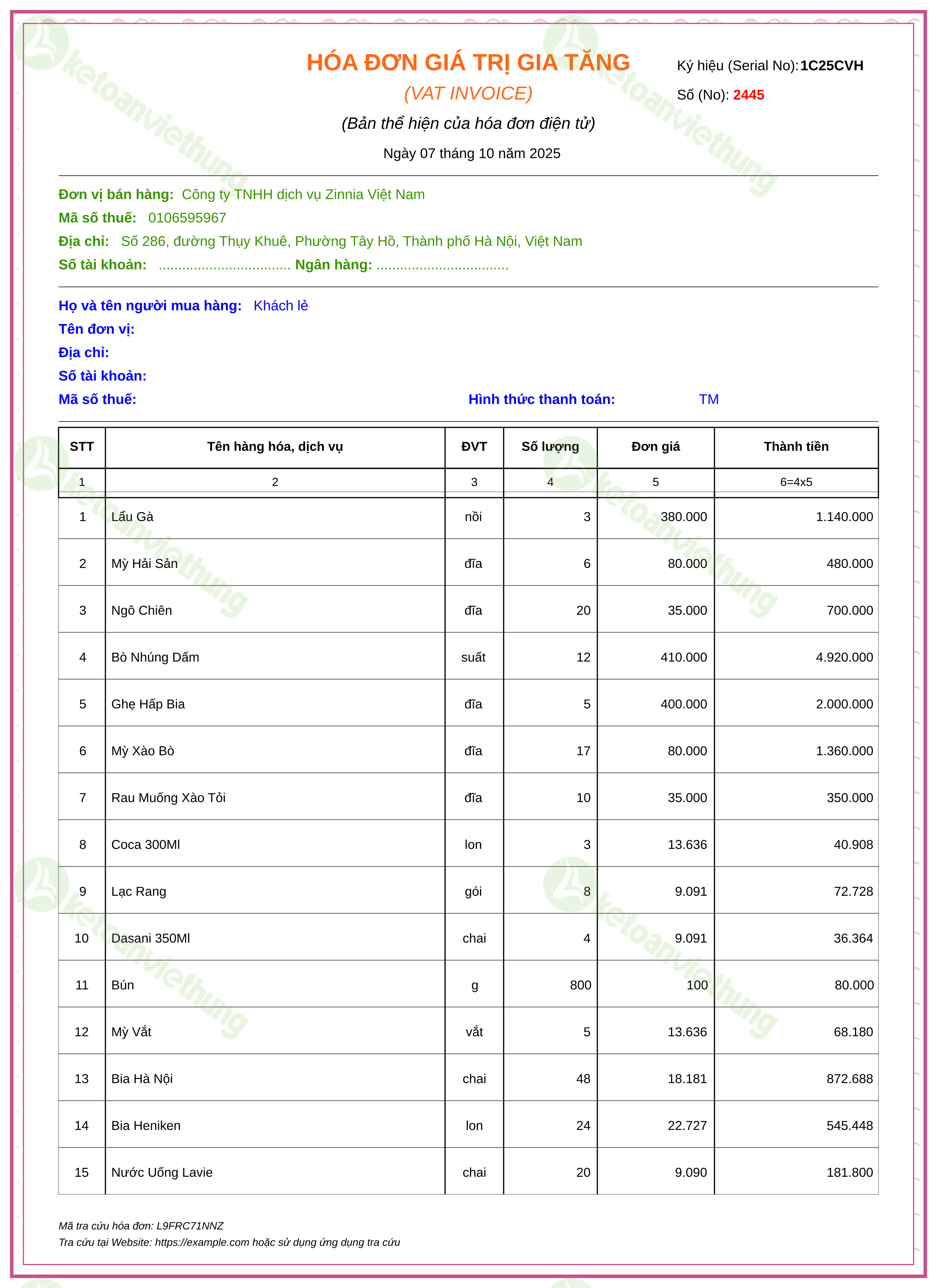 Hóa đơn bán thành phẩm: 2445