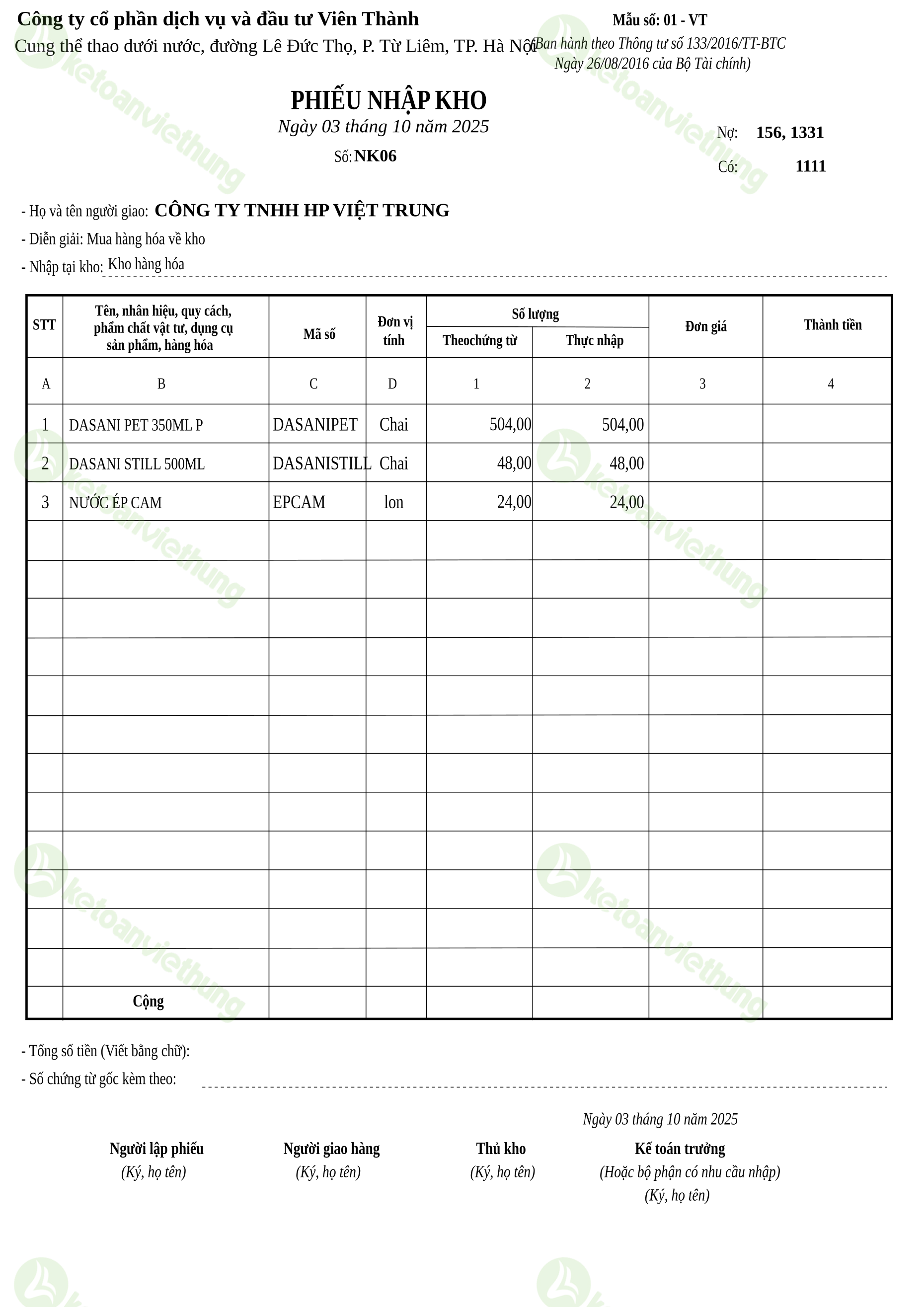 T26_NK06_Phiếu nhập kho TT133