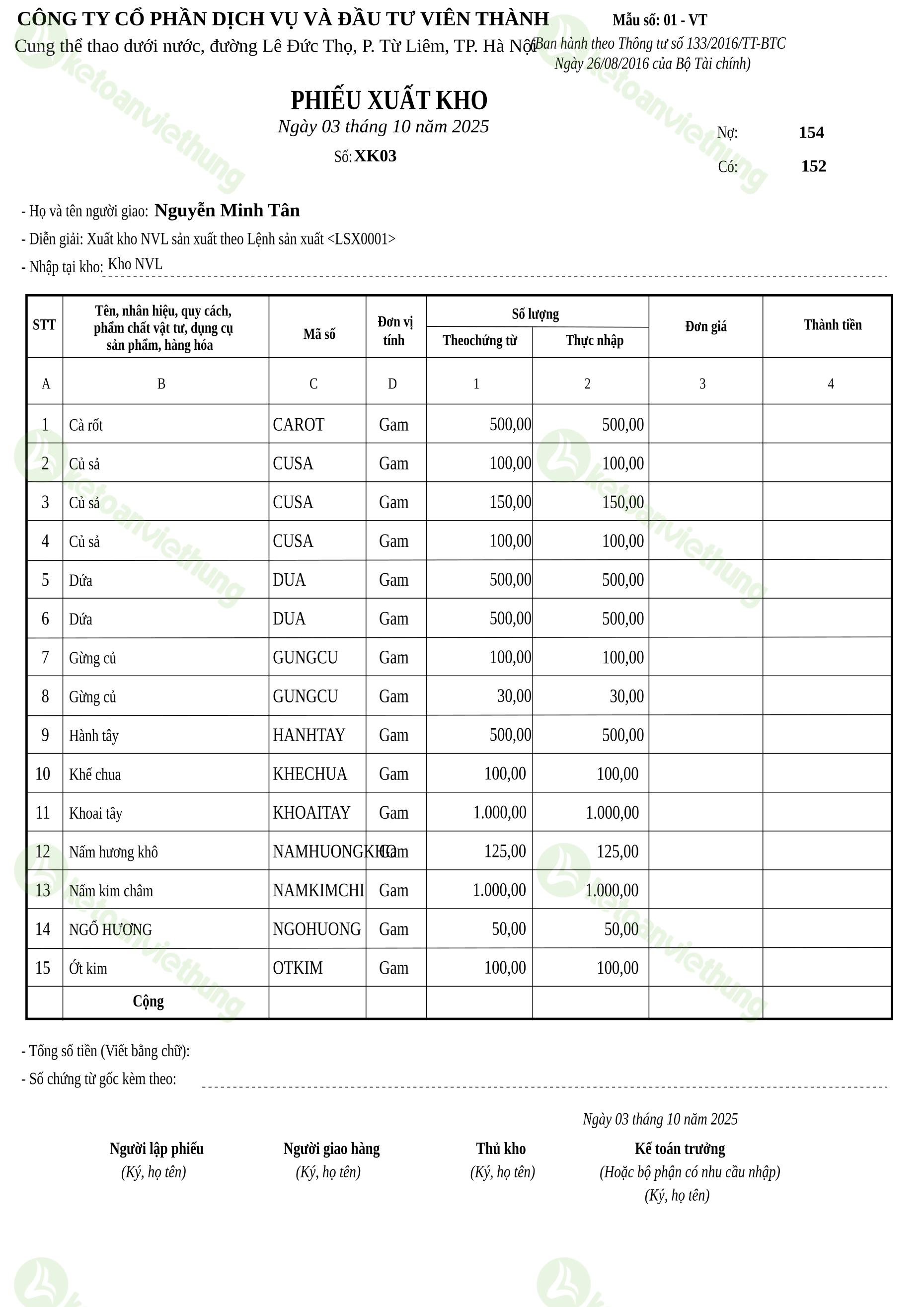Phiếu xuất kho nguyên vật liệu dùng cho sản xuất: XK03