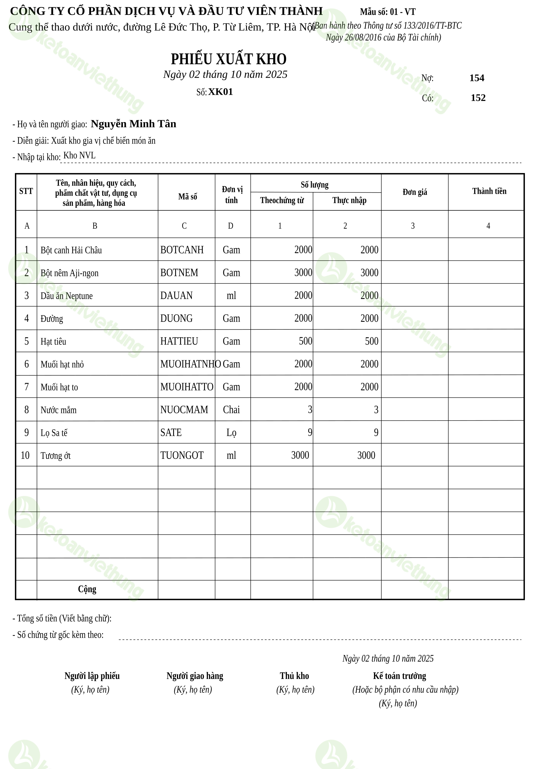 Phiếu xuất kho nguyên vật liệu dùng cho sản xuất: XK01