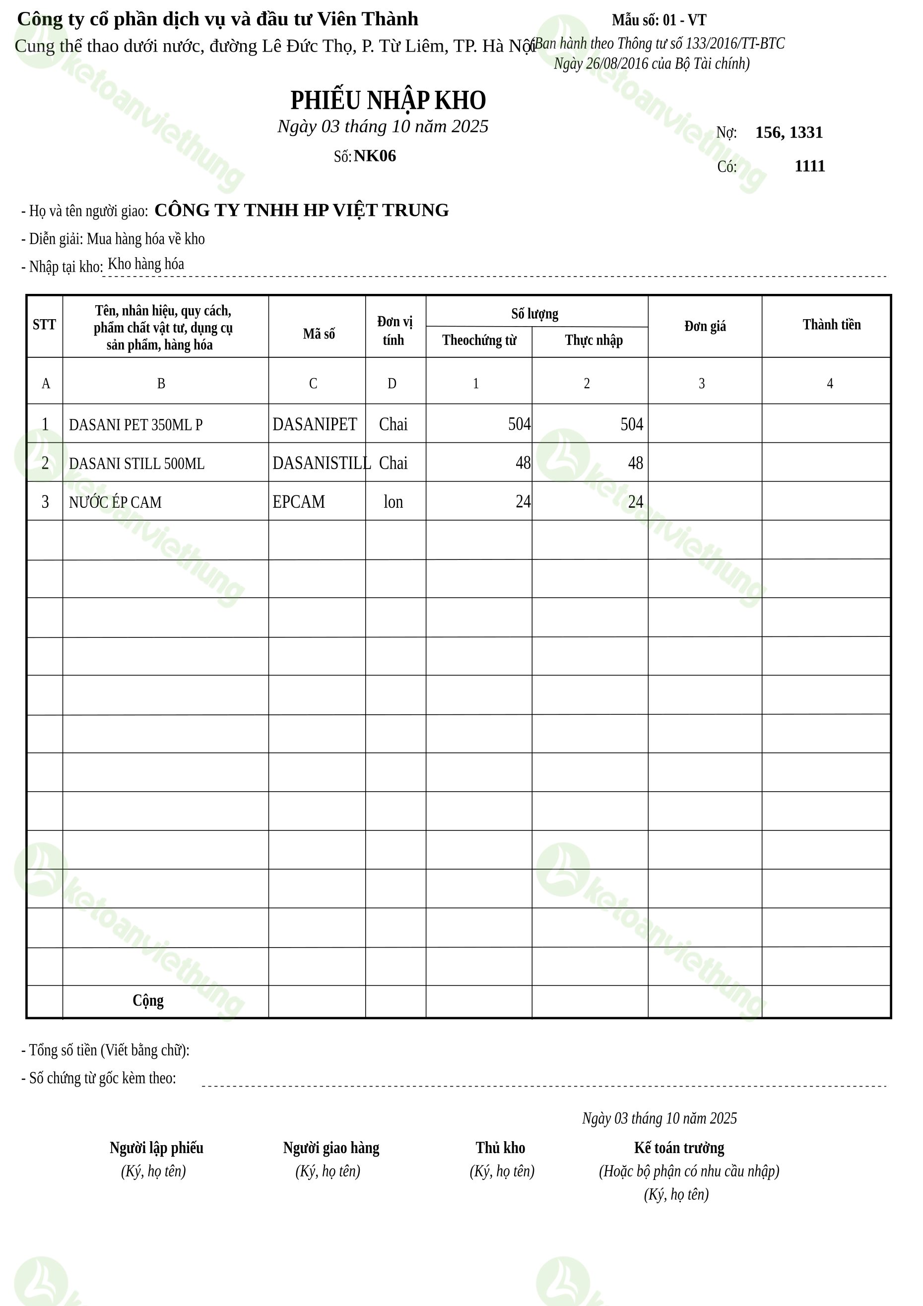 T26_NK06_Phiếu nhập kho TT133