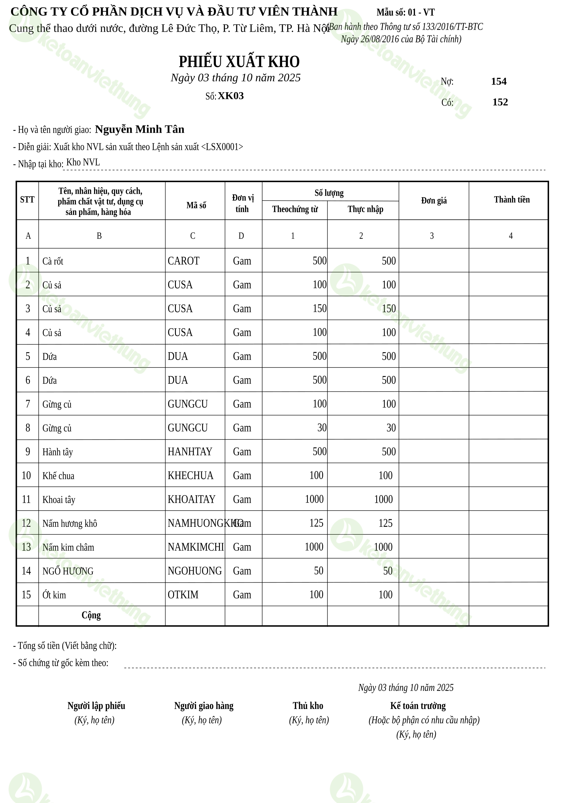 Phiếu xuất kho nguyên vật liệu dùng cho sản xuất: XK03