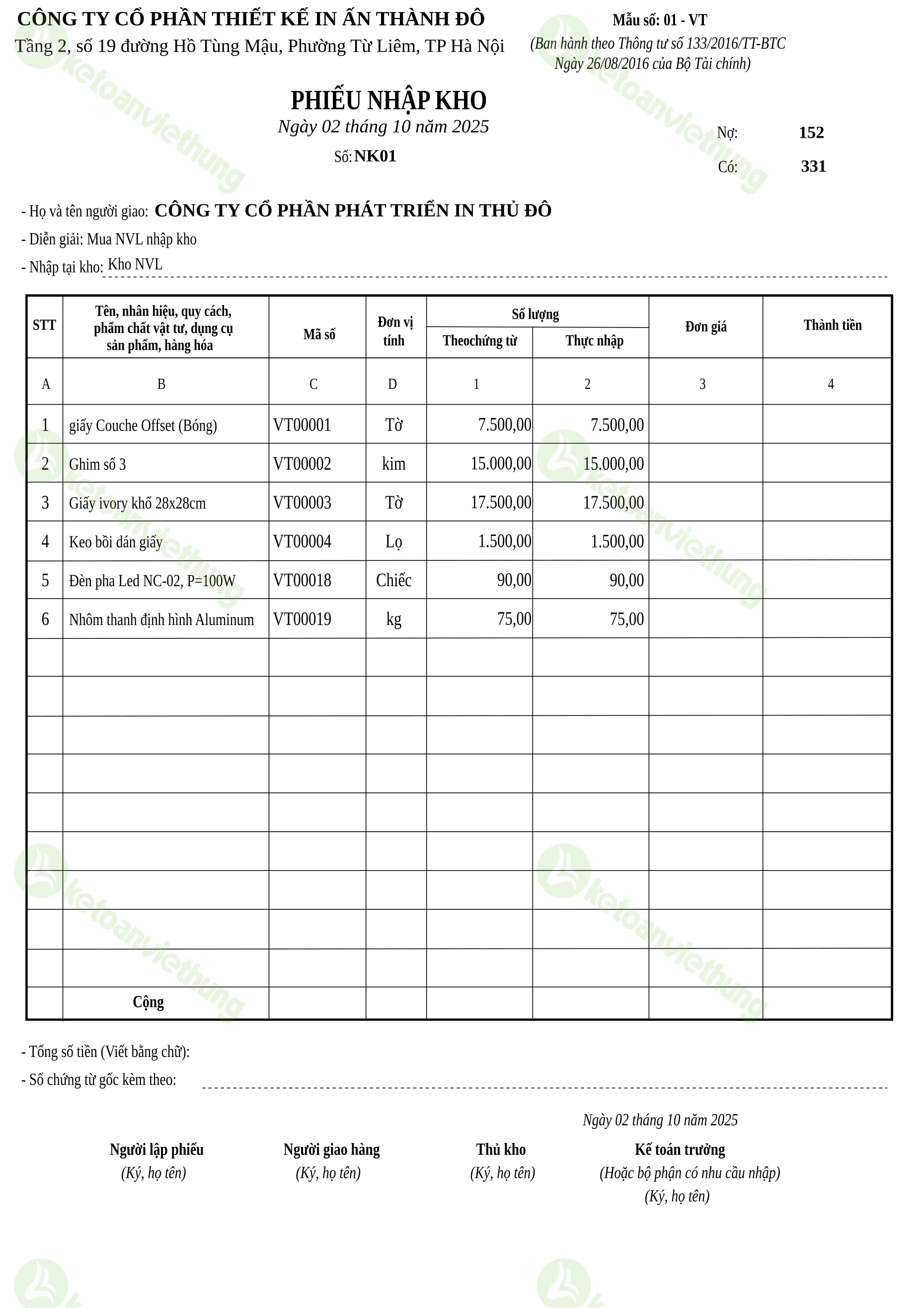Phiếu nhập kho nguyên vật liệu: NK01