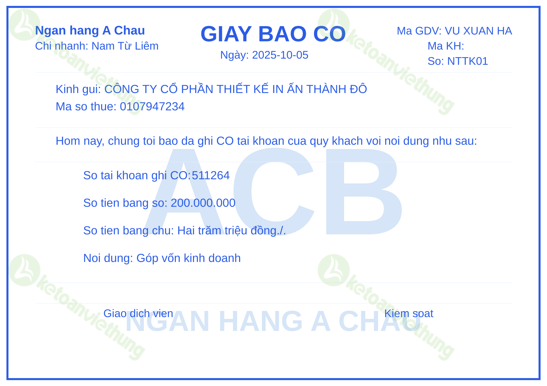 Giấy báo có Góp vốn kinh doanh