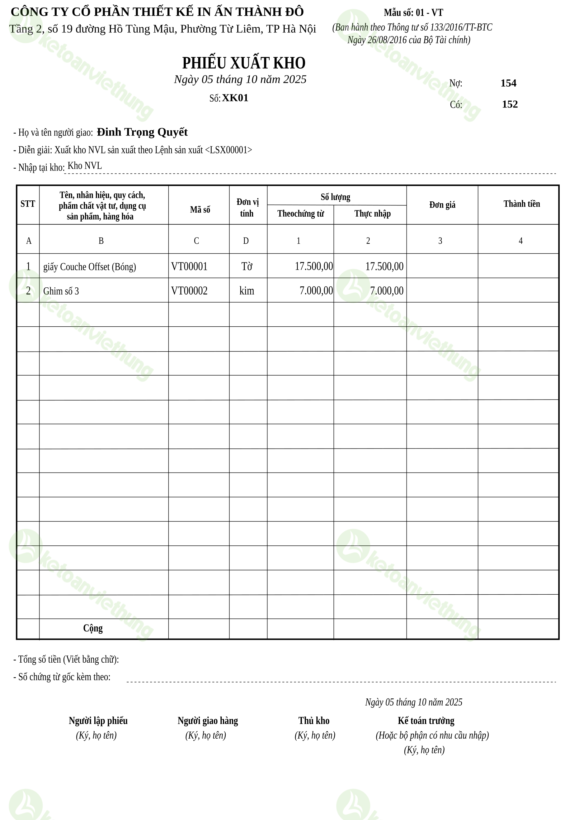 Phiếu xuất kho nguyên vật liệu dùng cho sản xuất: XK01