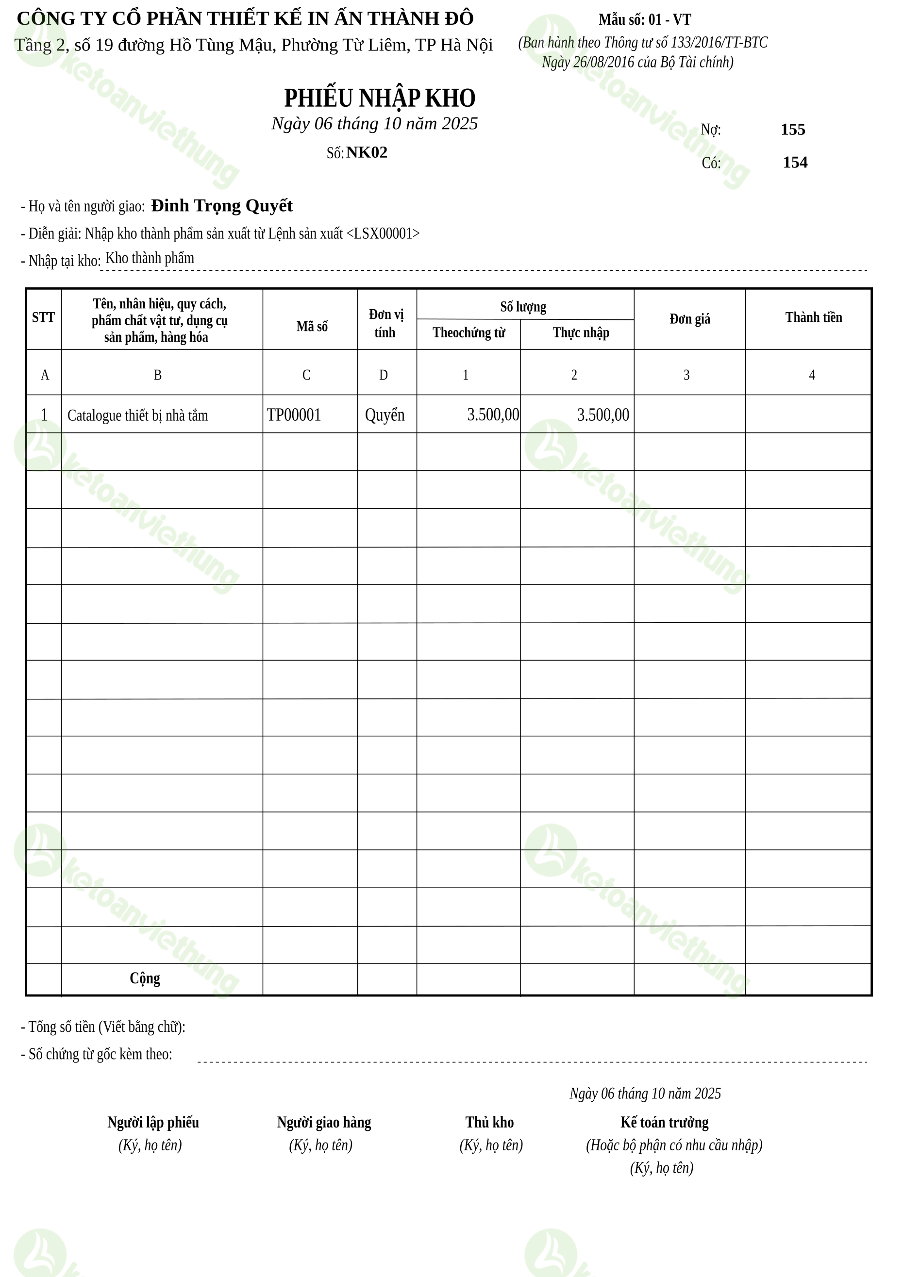 Phiếu nhập kho thành phẩm từ sản xuất: NK02