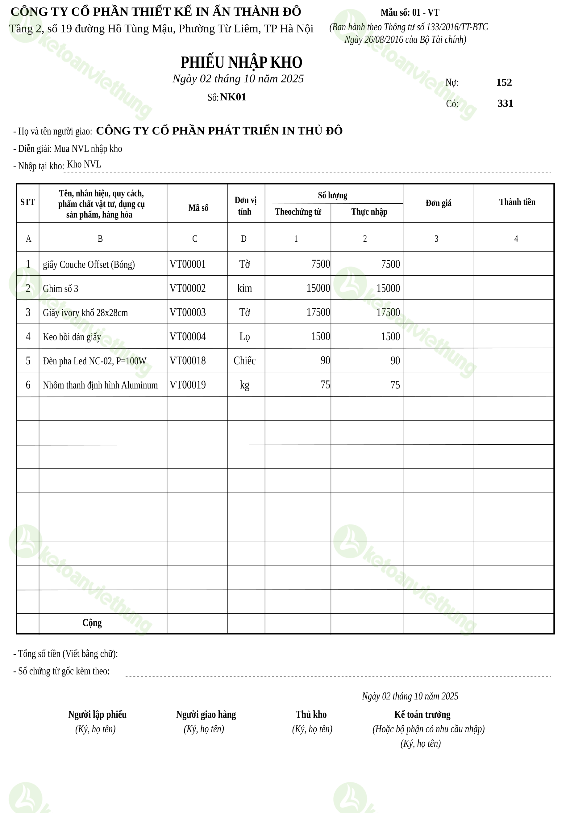 Phiếu nhập kho nguyên vật liệu: NK01