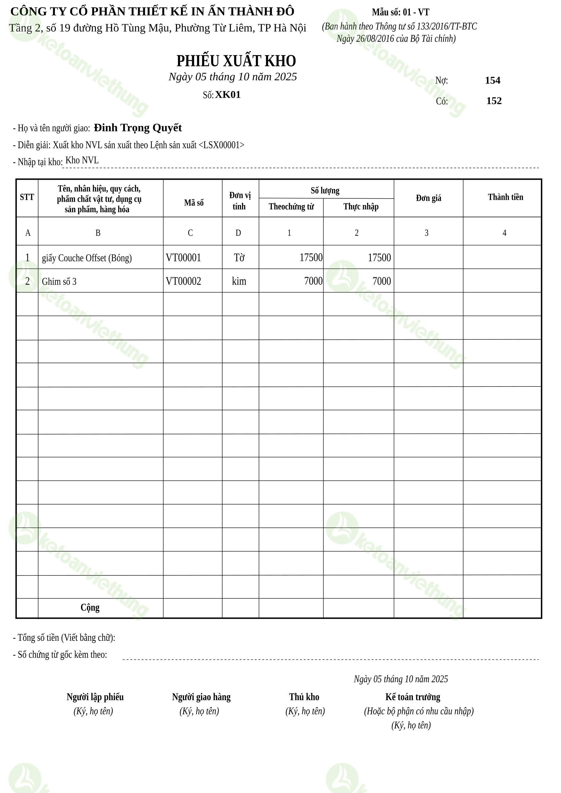 Phiếu xuất kho nguyên vật liệu dùng cho sản xuất: XK01