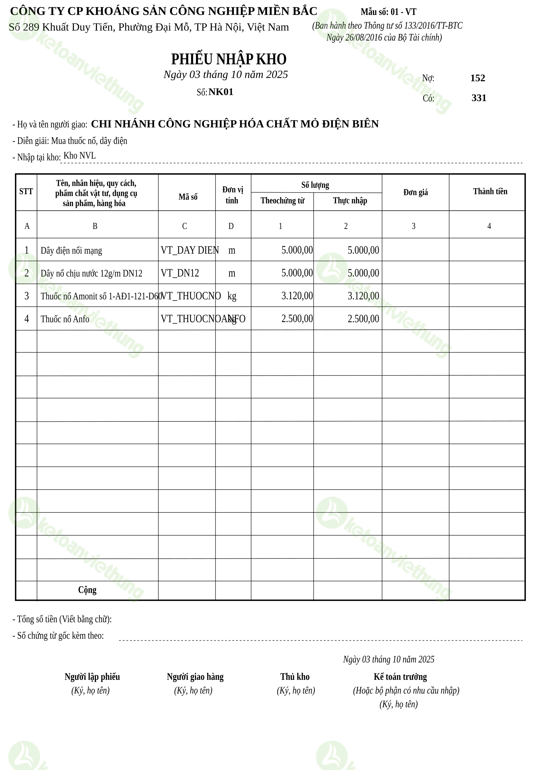 Phiếu nhập kho nguyên vật liệu: NK01