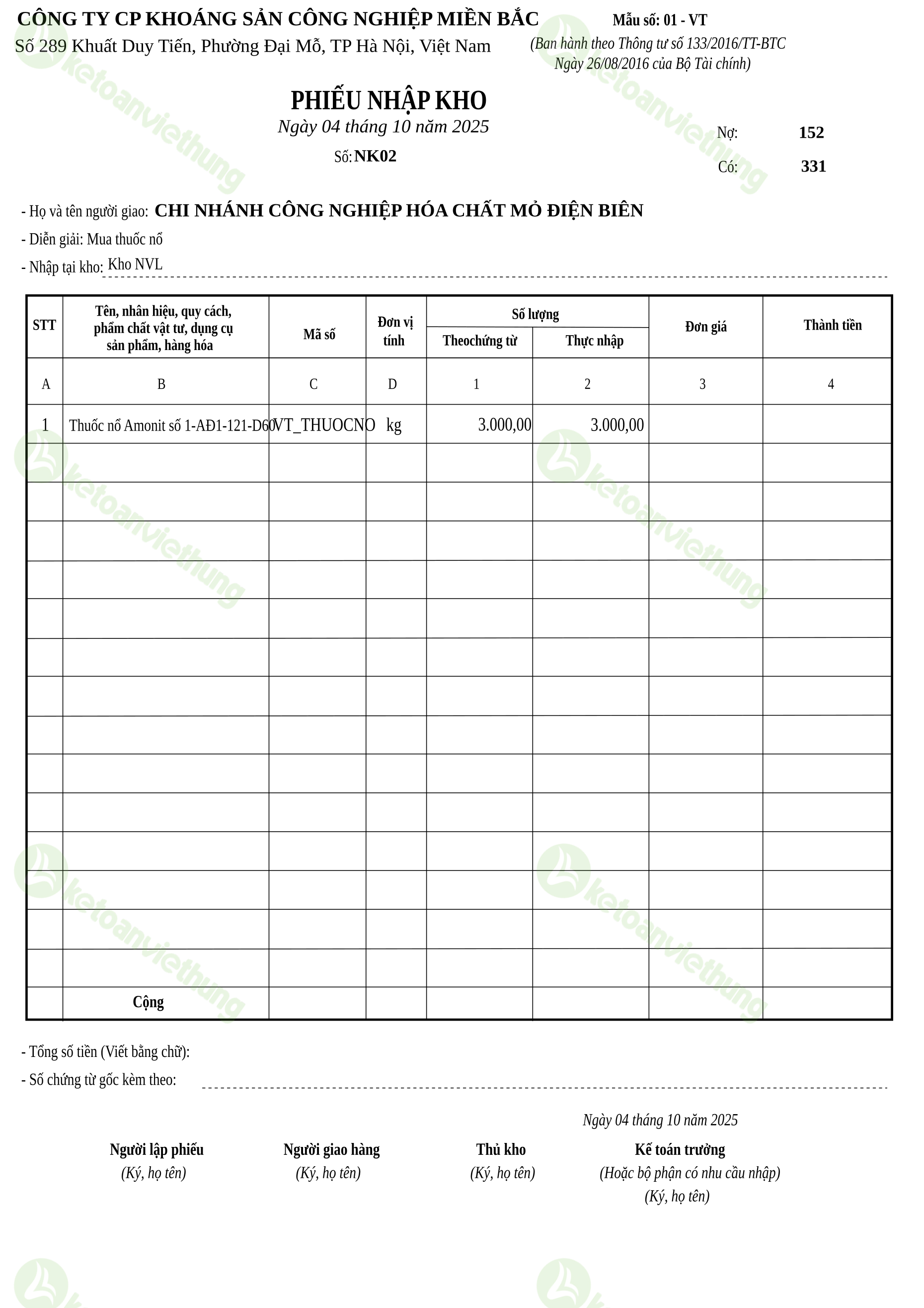 Phiếu nhập kho nguyên vật liệu: NK02