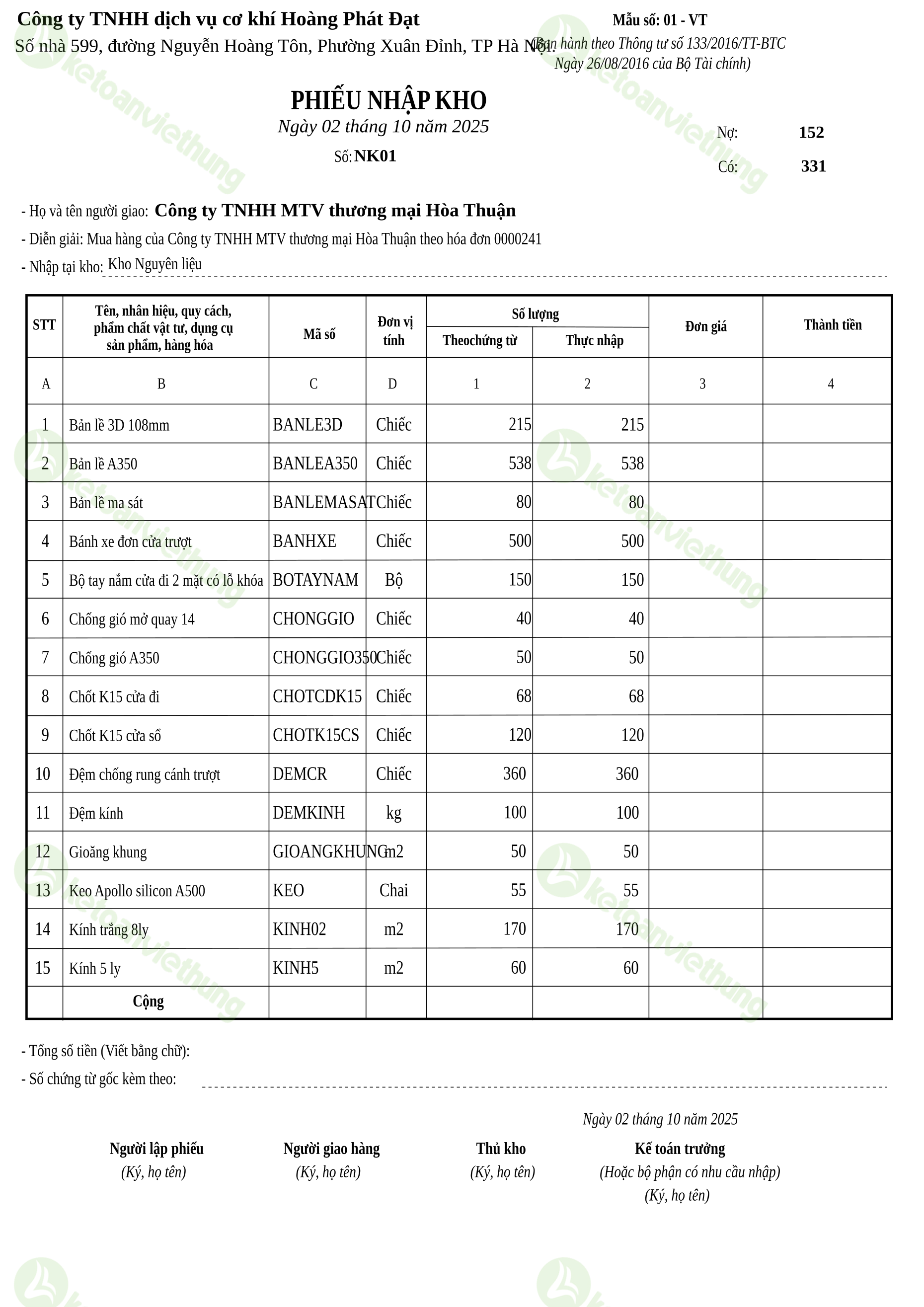 Phiếu nhập kho tài sản cố định: NK01