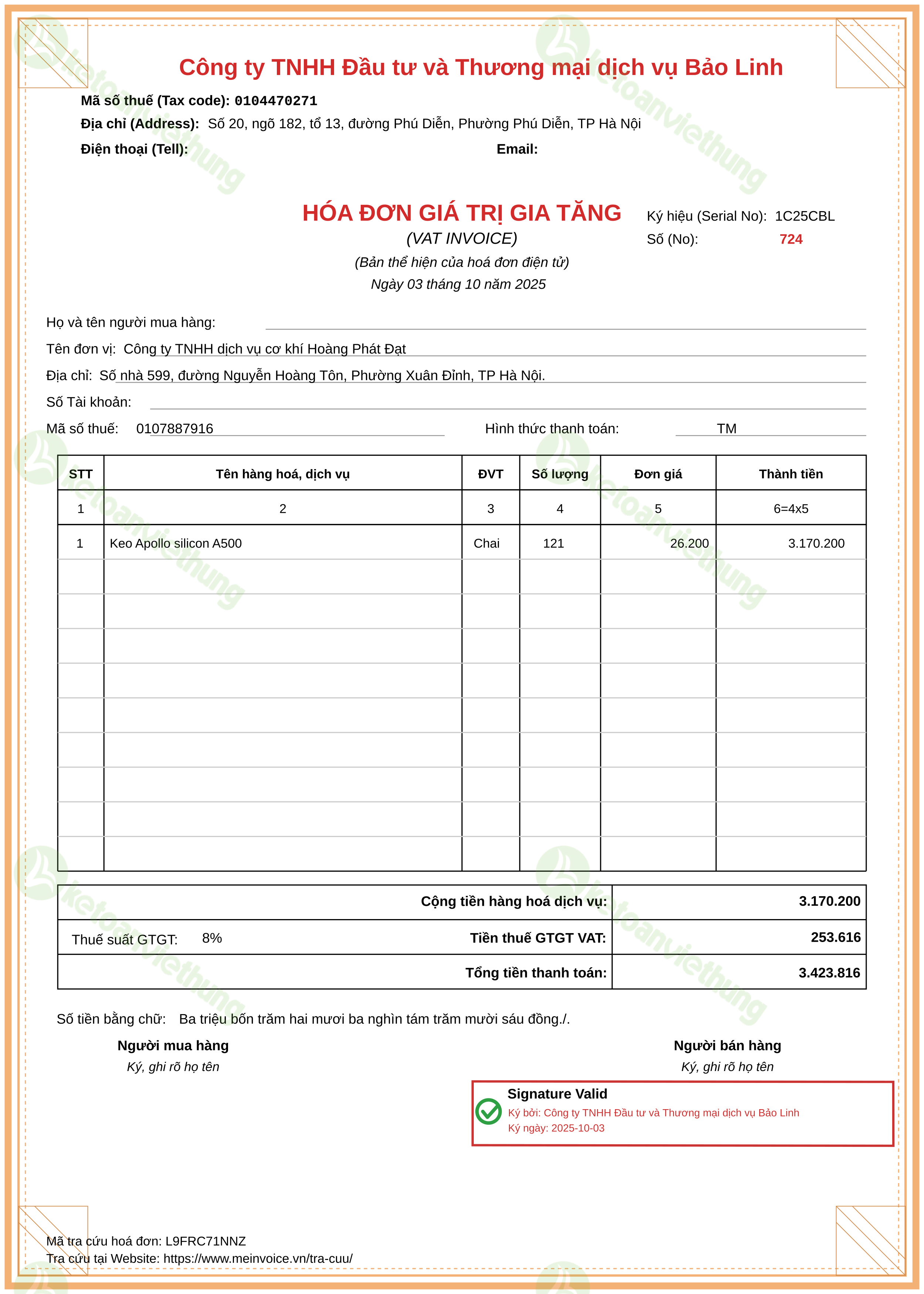 Hóa đơn mua nguyên vật liệu: 724