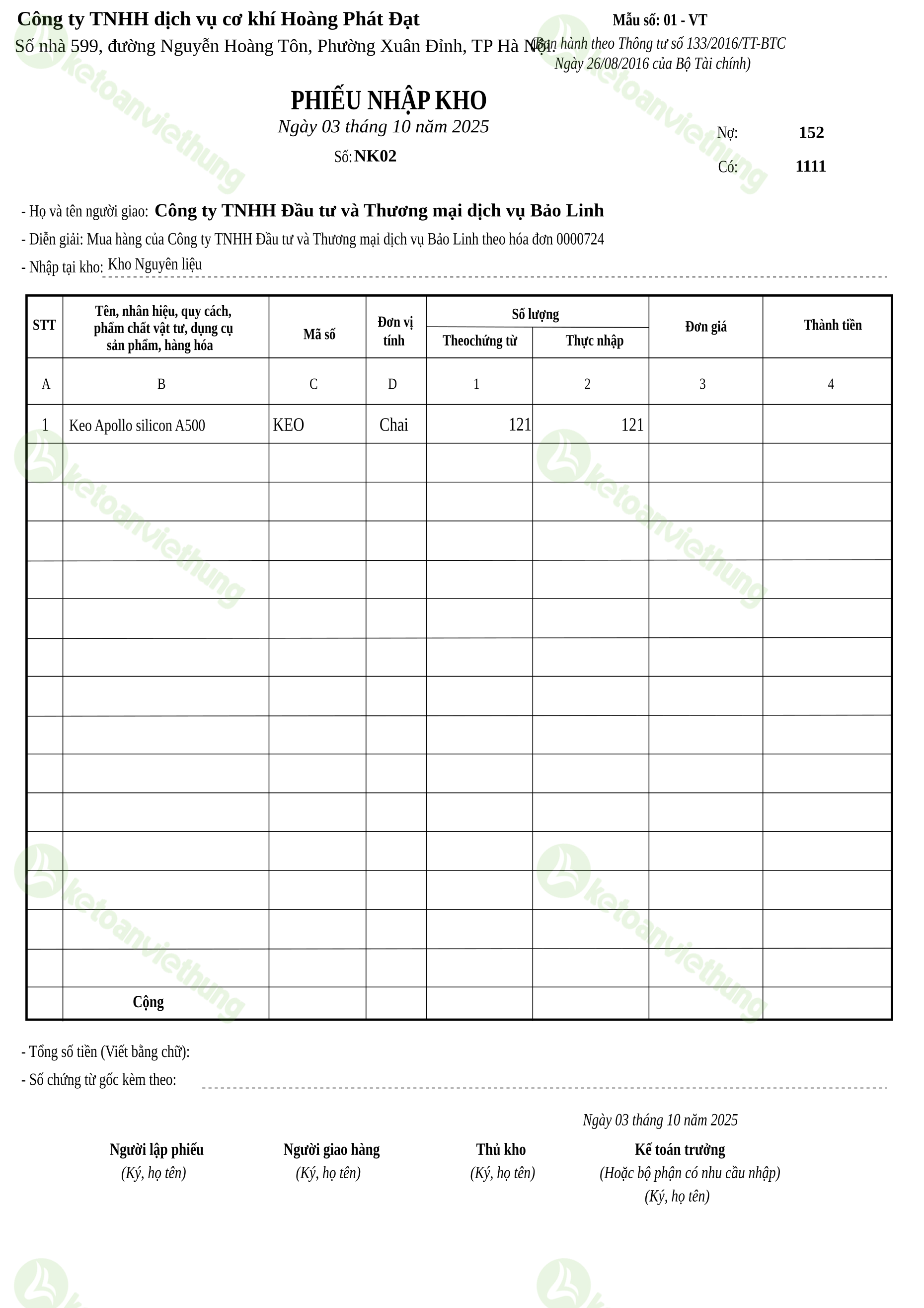 Phiếu nhập kho nguyên vật liệu: NK02