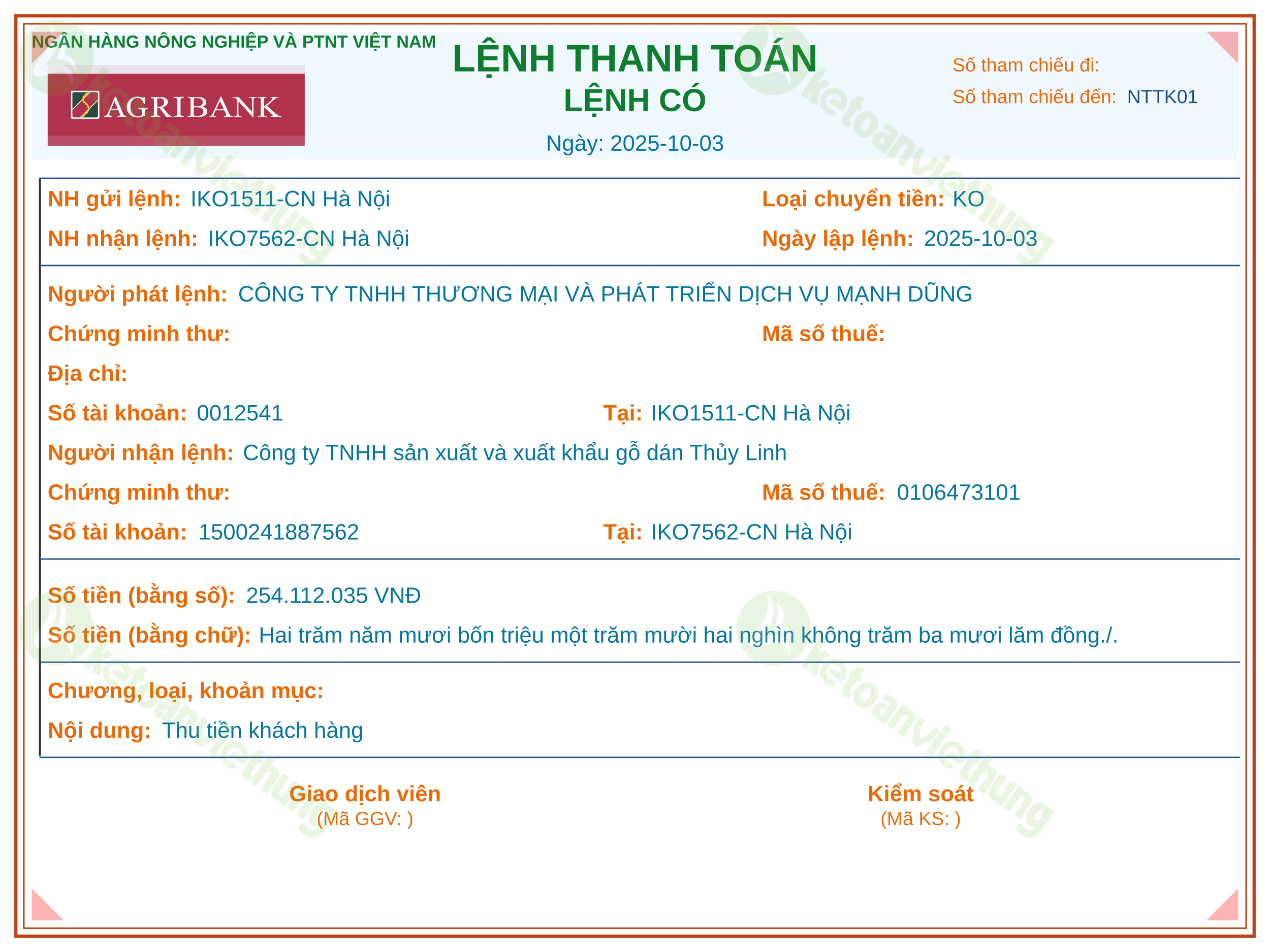Giấy báo có thu tiền khách hàng VND: NTTK01