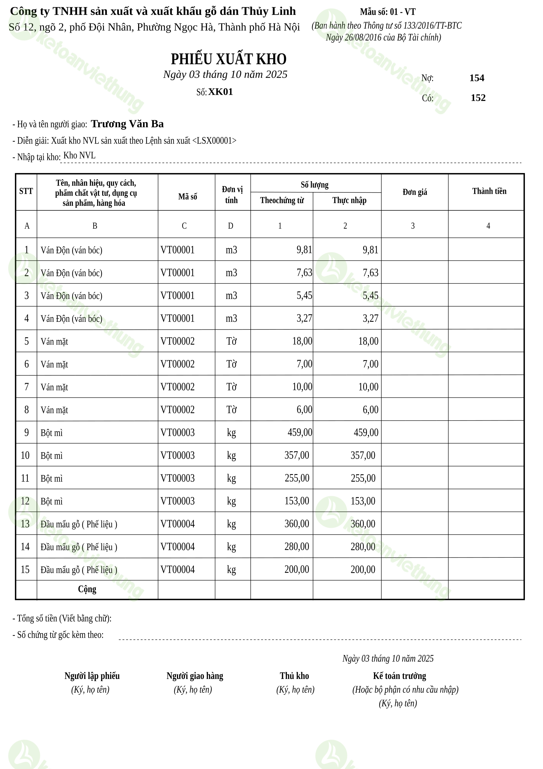 Phiếu xuất kho nguyên vật liệu dùng cho sản xuất: XK01