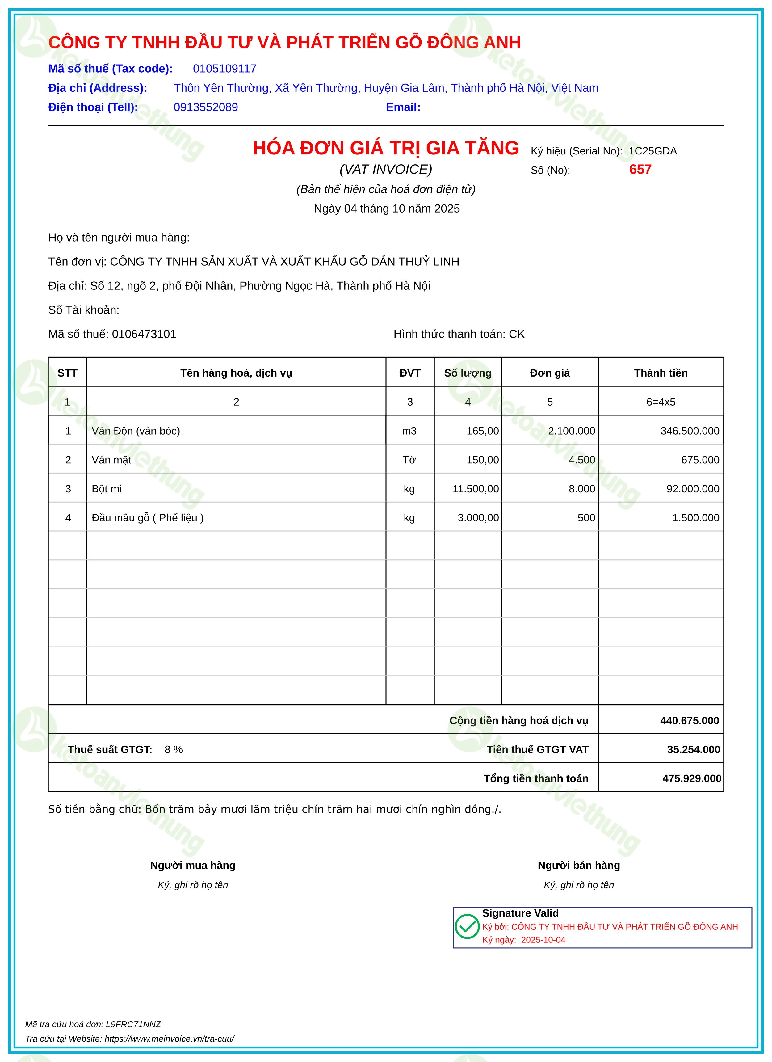 Hóa đơn mua nguyên vật liệu: 657