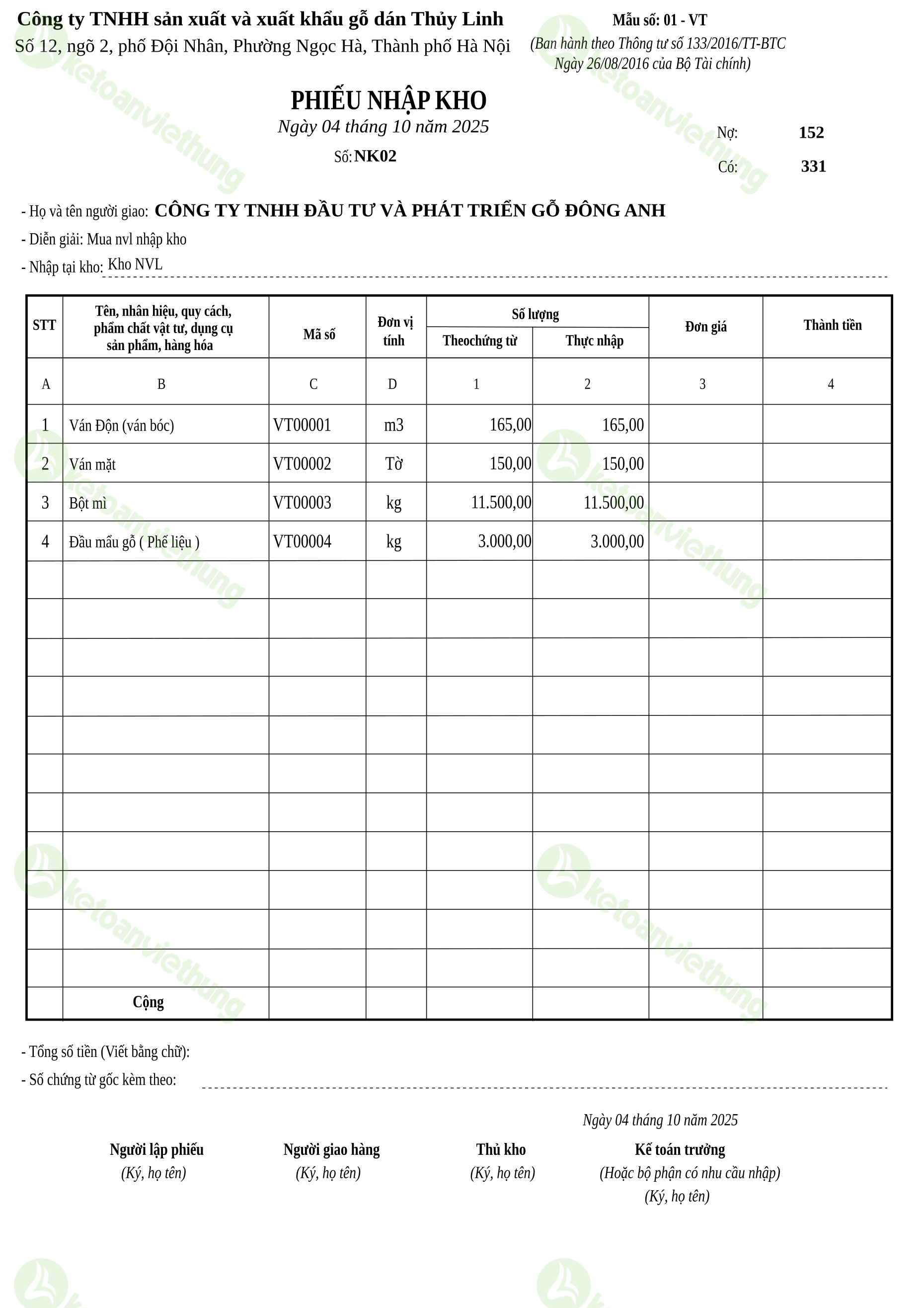 Phiếu nhập kho nguyên vật liệu: NK02