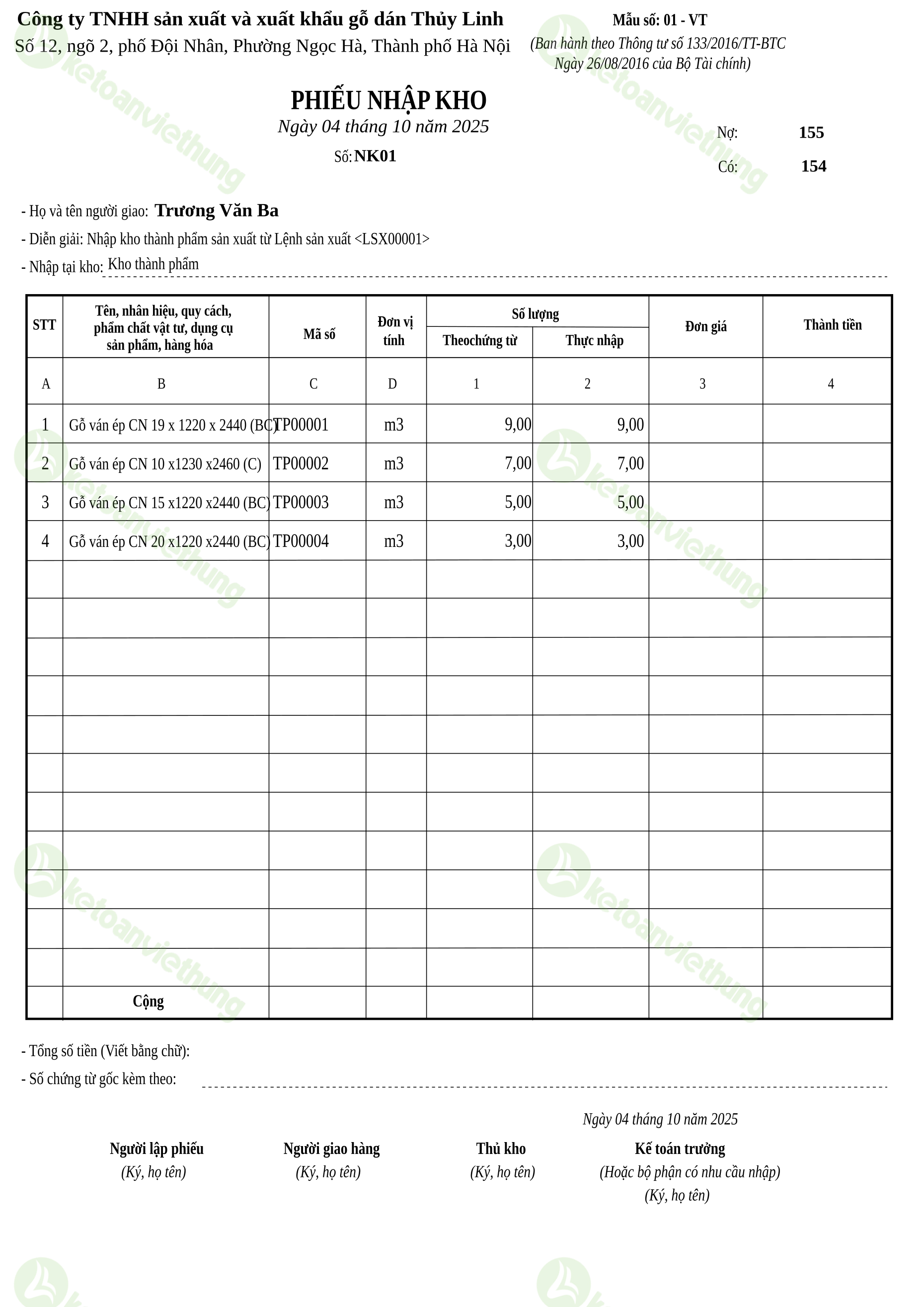 Phiếu nhập kho thành phẩm từ sản xuất: NK01