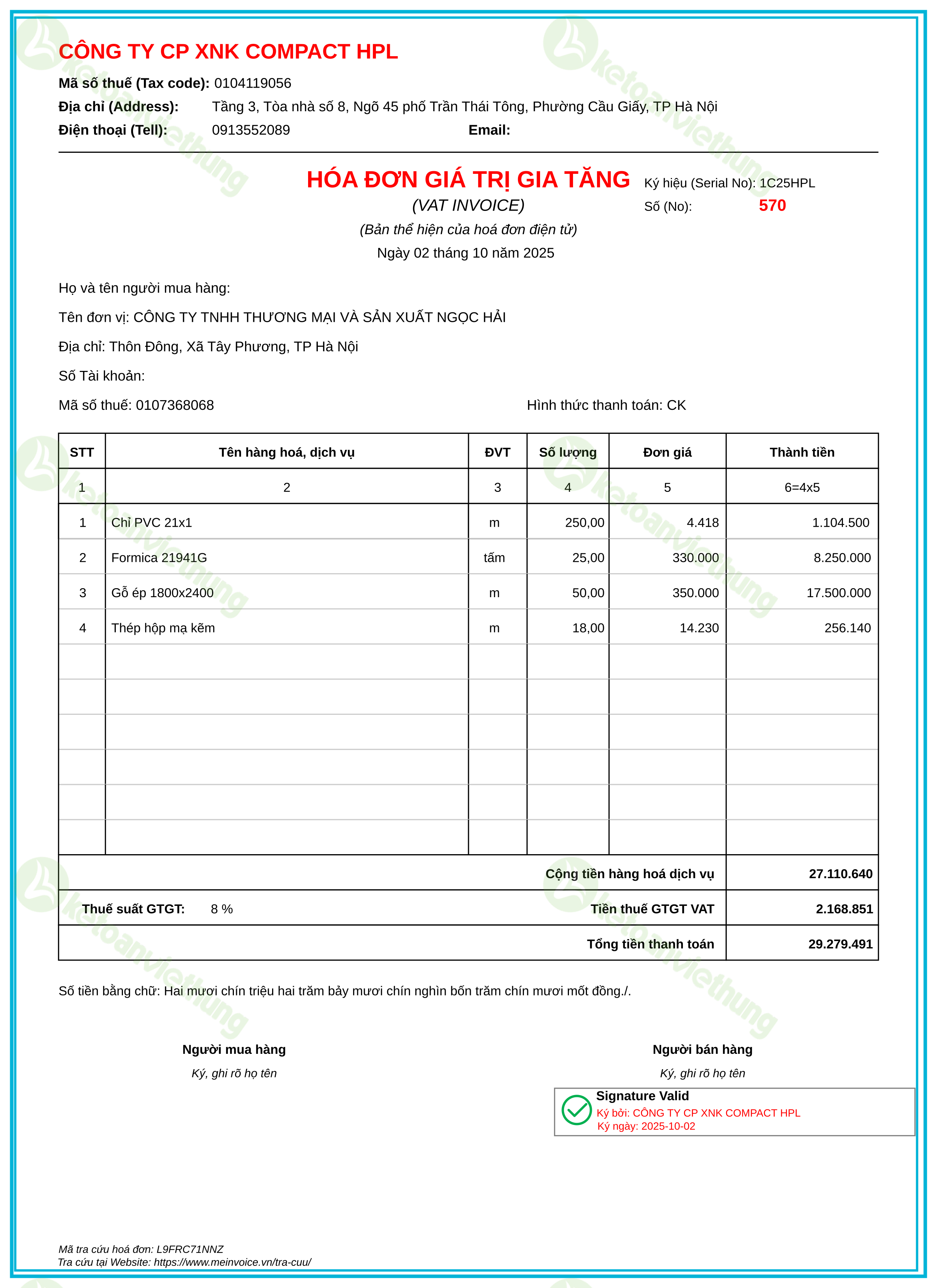 Hóa đơn mua nguyên vật liệu: 570