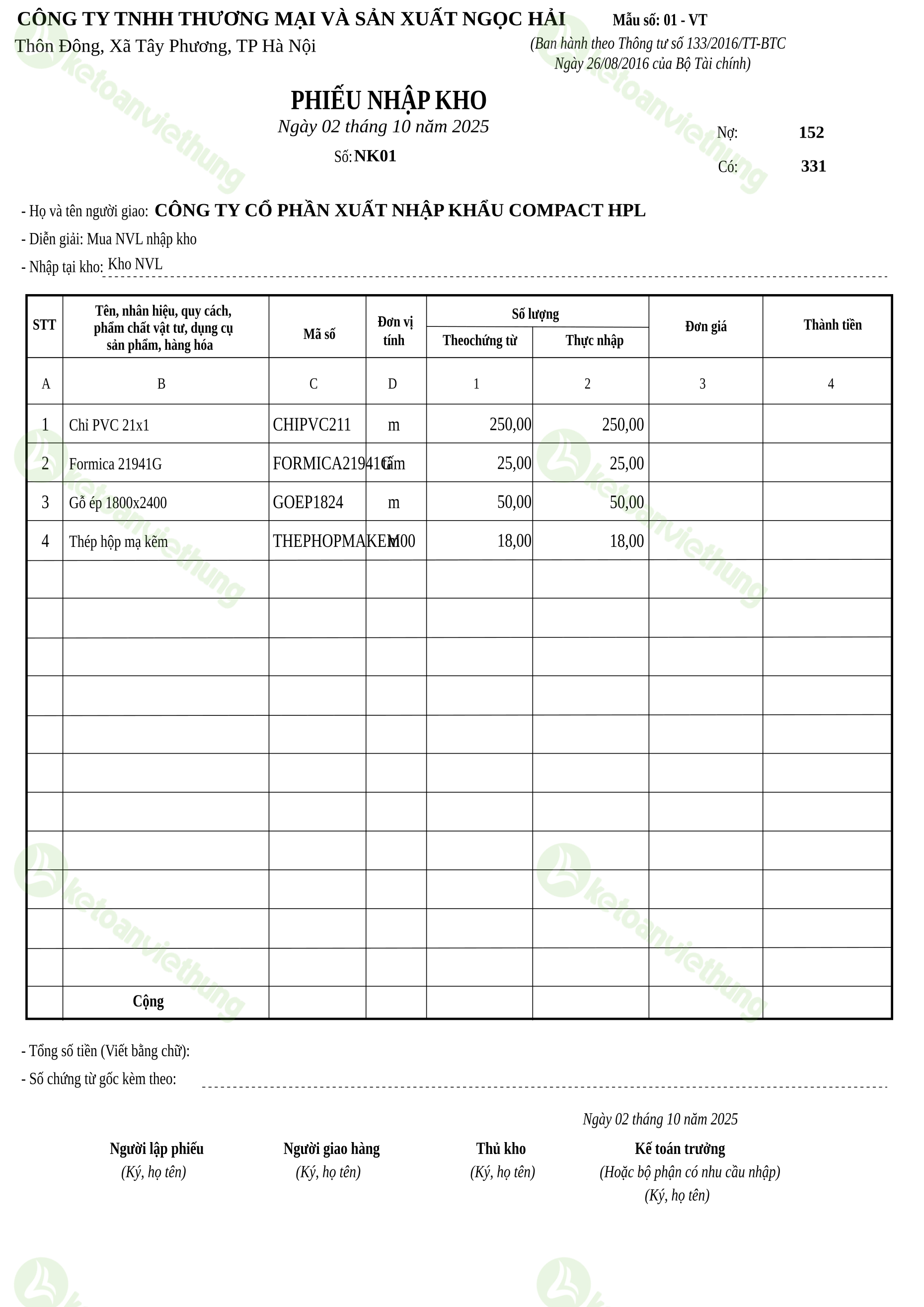 Phiếu nhập kho nguyên vật liệu: NK01