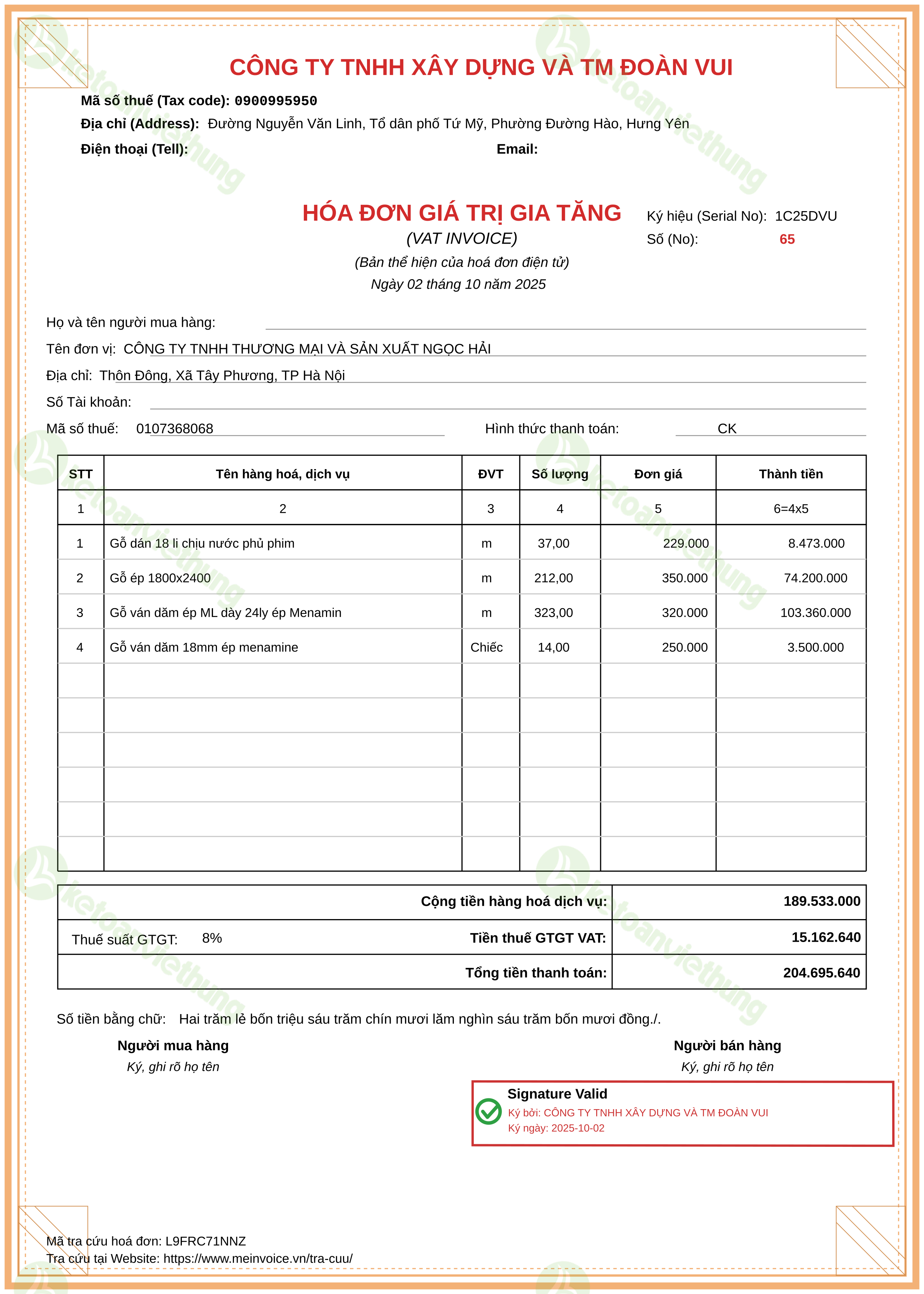 Hóa đơn mua nguyên vật liệu: 65