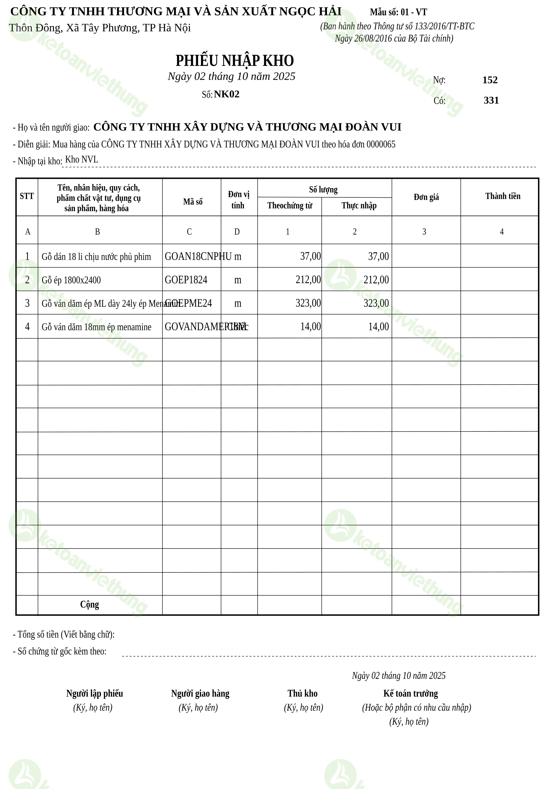 Phiếu nhập kho nguyên vật liệu: NK02