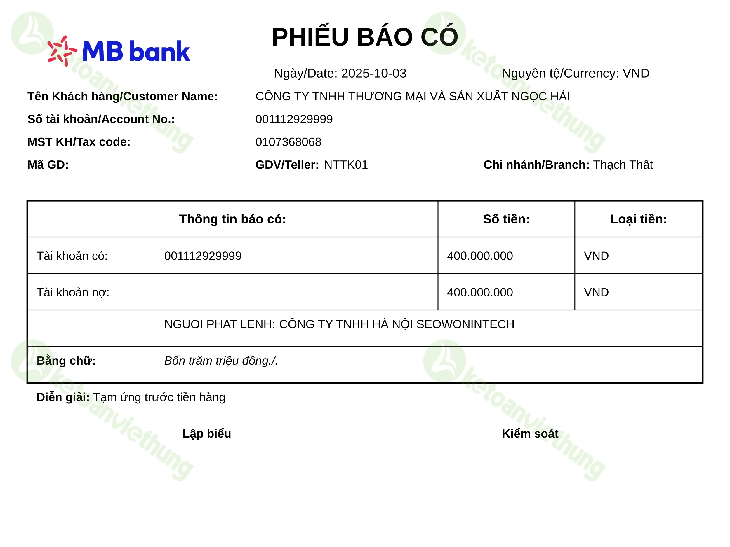 Giấy báo có thu tiền khách hàng