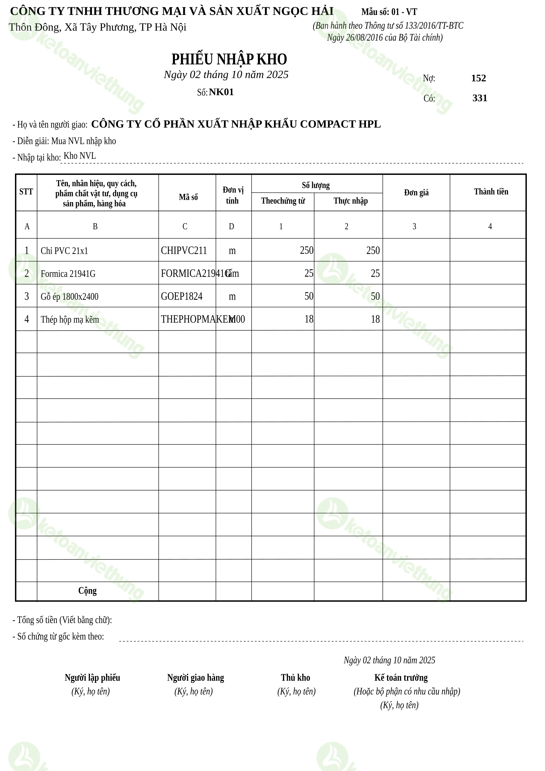 Phiếu nhập kho nguyên vật liệu: NK01