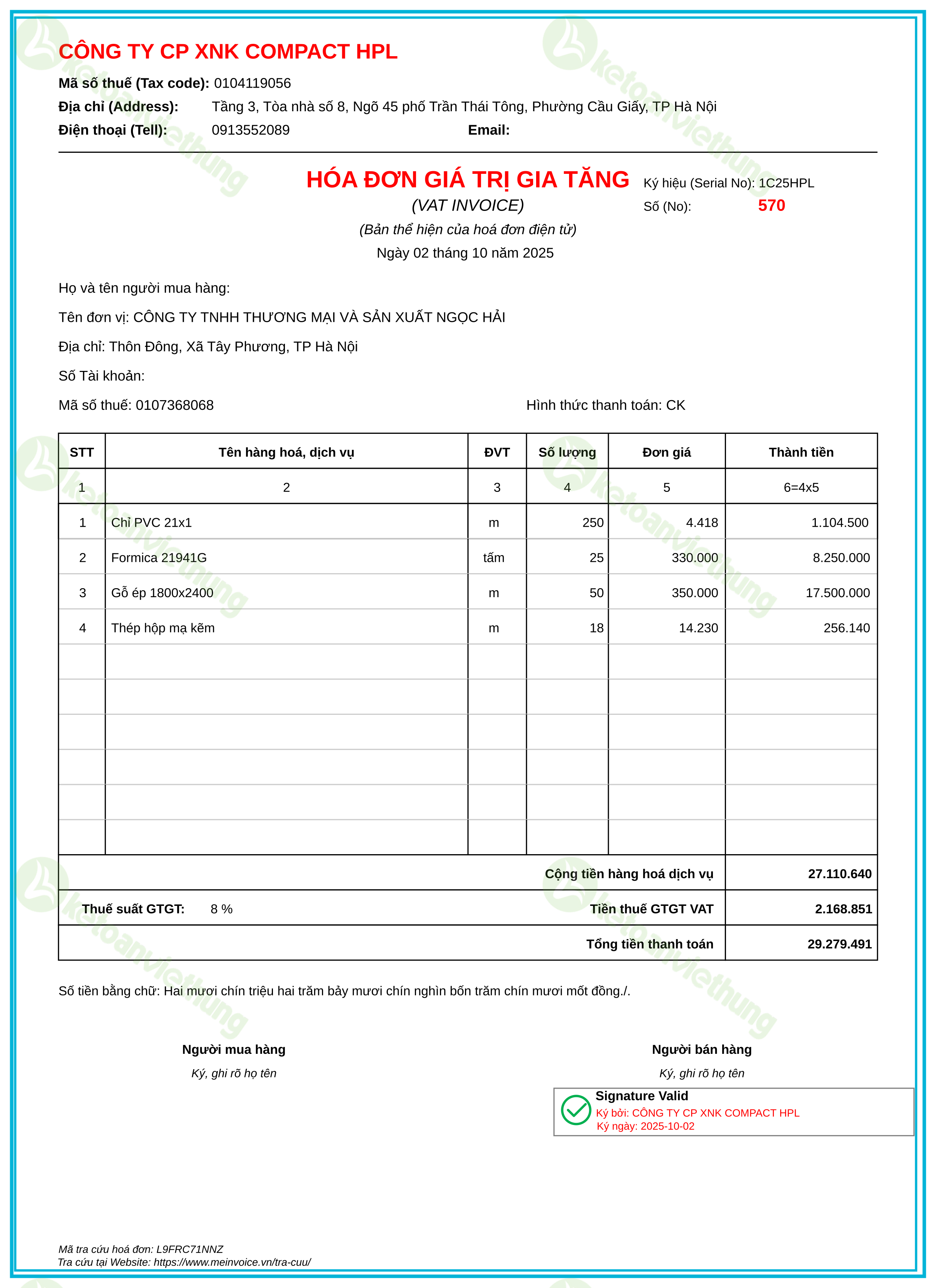 Hóa đơn mua nguyên vật liệu: 570