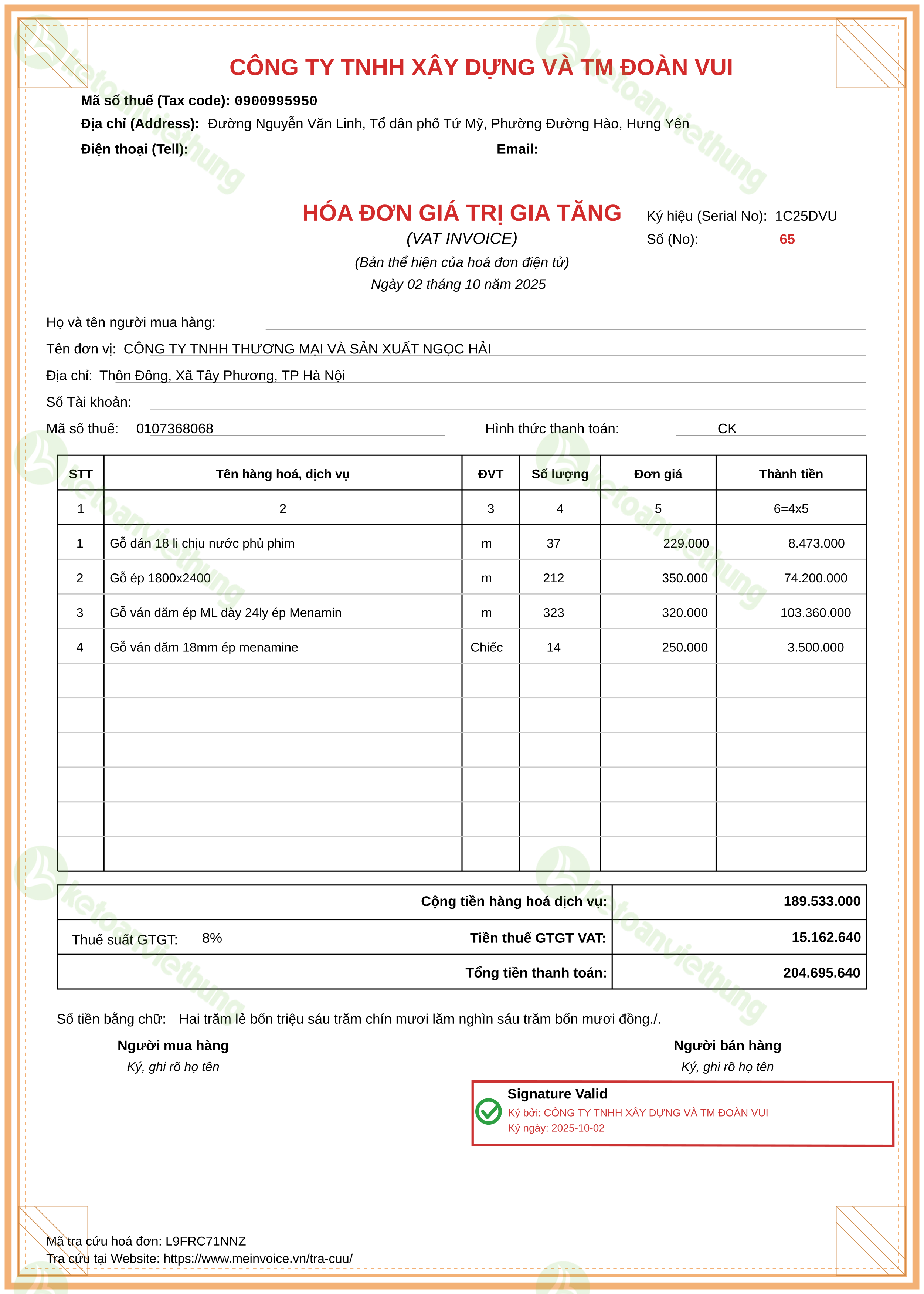 Hóa đơn mua nguyên vật liệu: 65