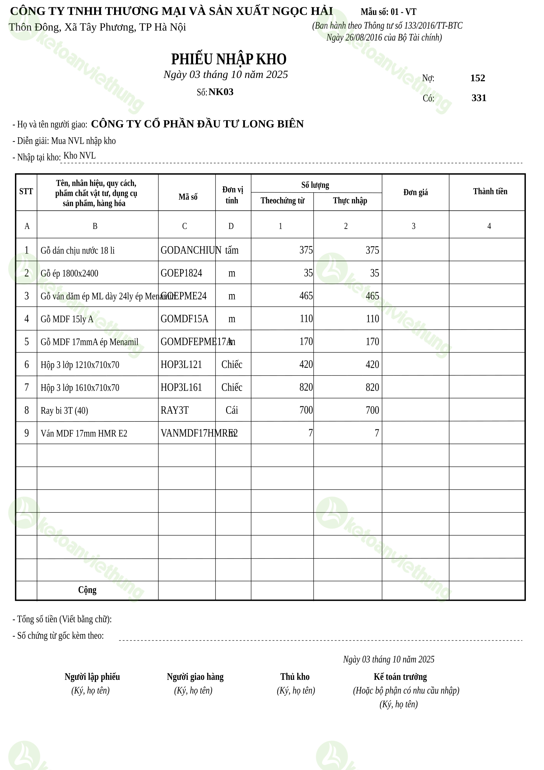 Phiếu nhập kho nguyên vật liệu: NK03
