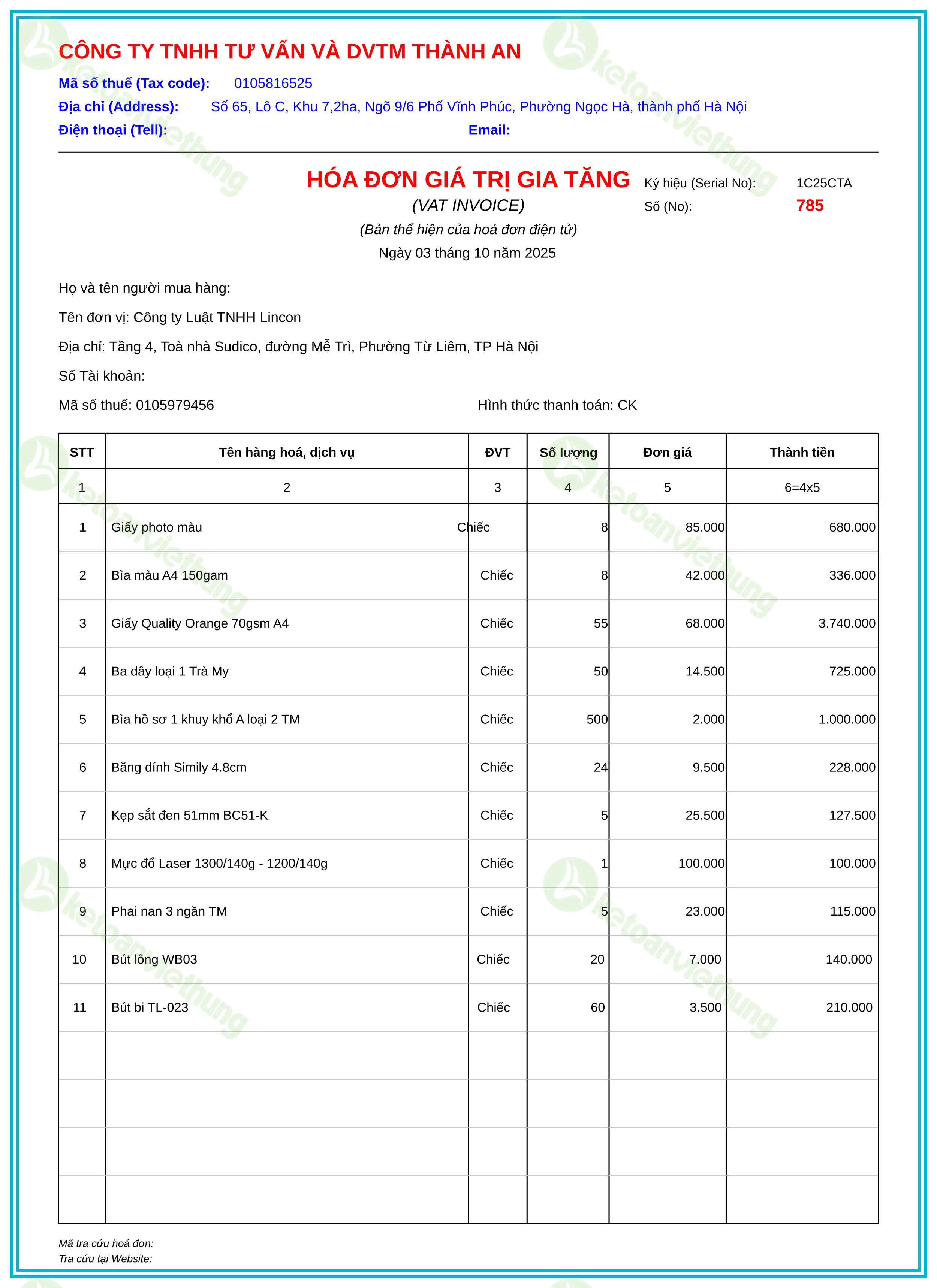 Hóa đơn mua công cụ dụng cụ: 785