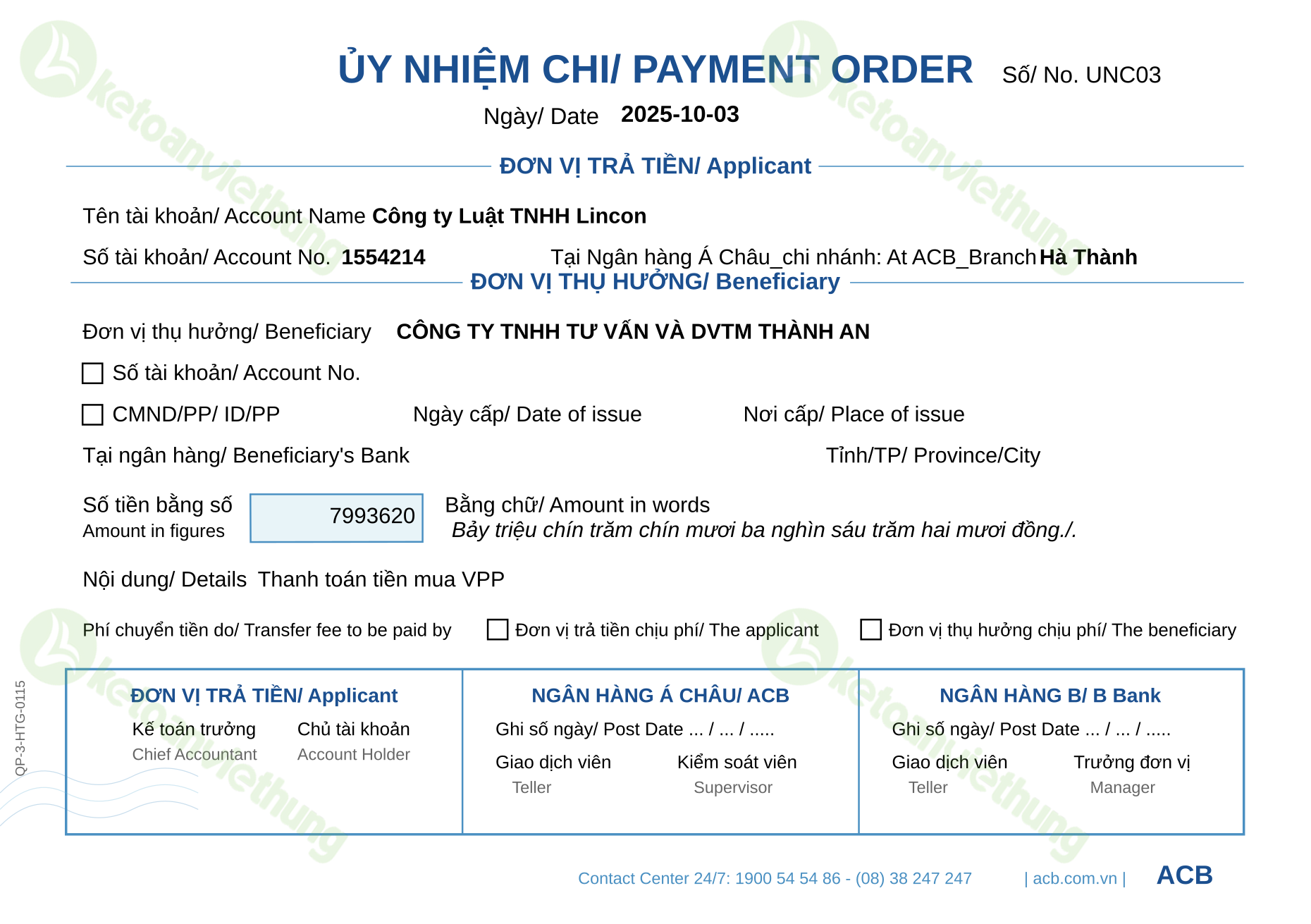 Ủy nhiệm chi trả tiền nhà cung cấp trong nước: UNC03