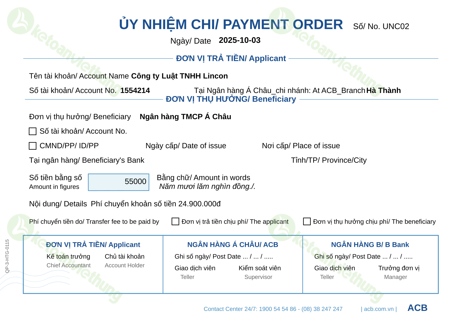 Hạch toán phí ngân hàng: UNC02