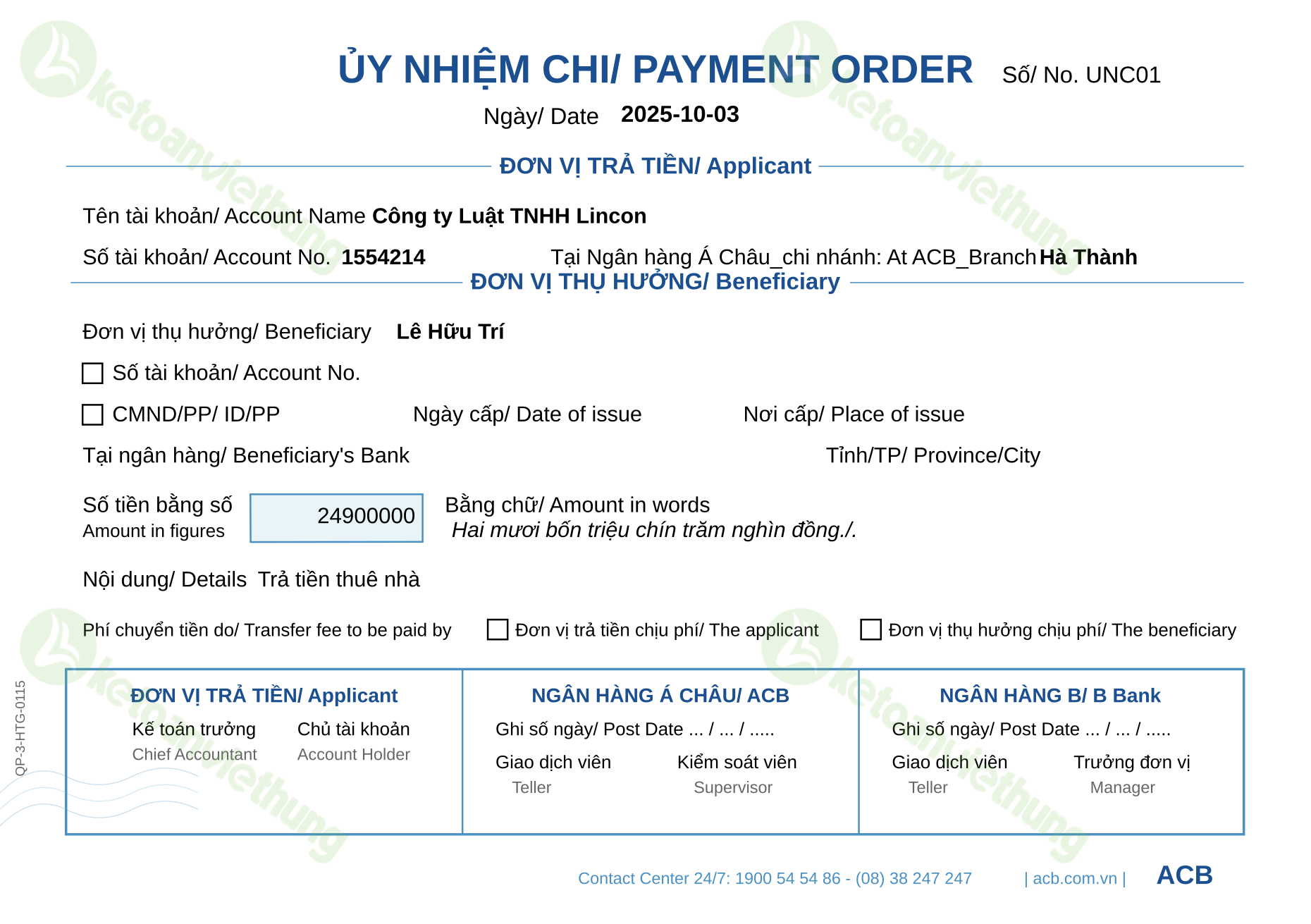 Ủy nhiệm chi trả tiền nhà cung cấp trong nước: UNC01