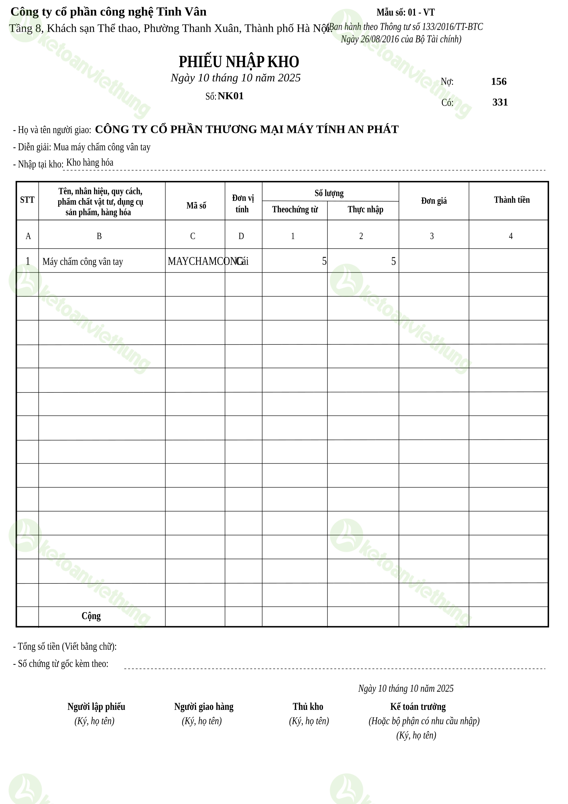 Phiếu nhập kho hàng hóa: NK01