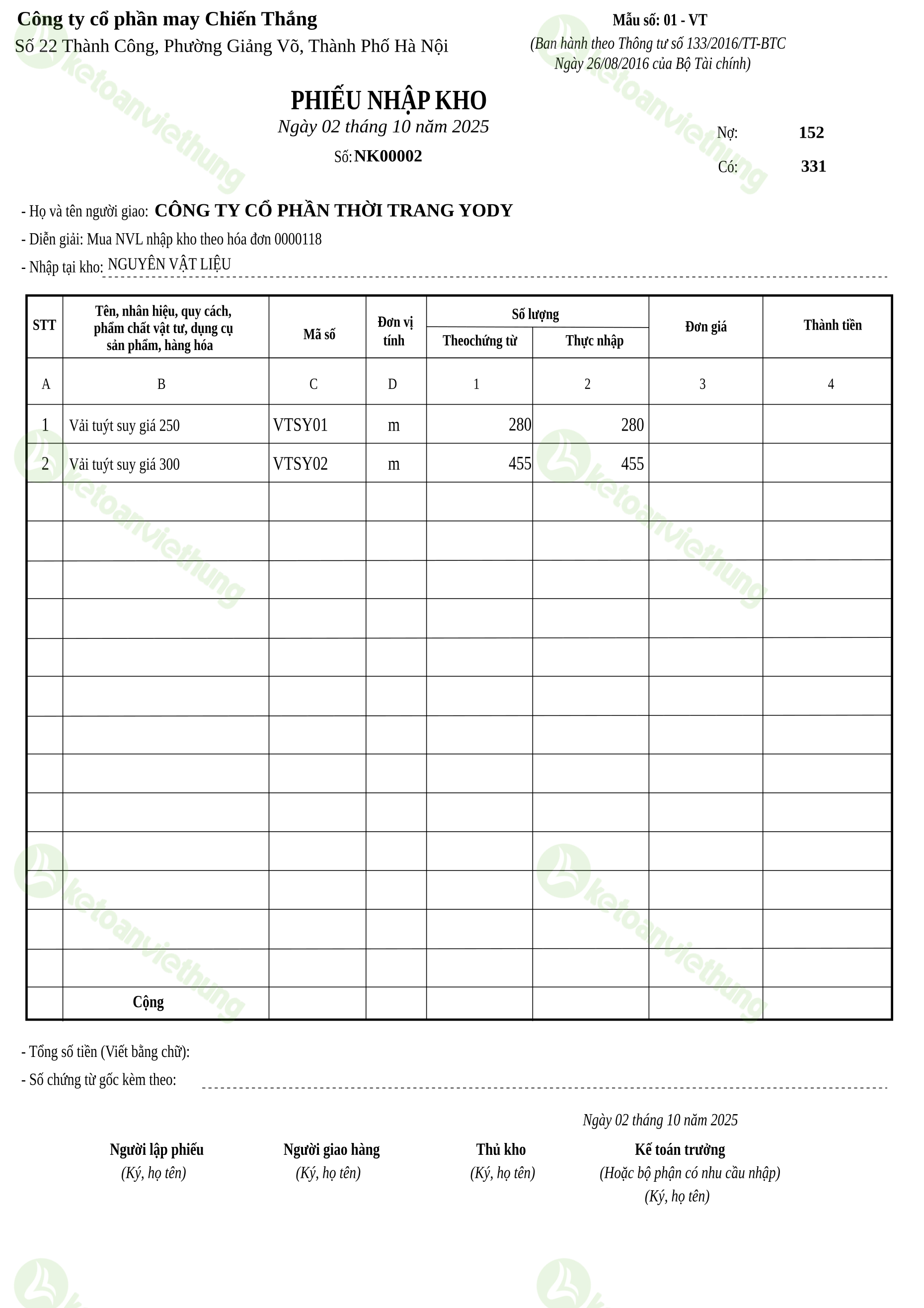 NK00002 - Phiếu nhập kho TT133