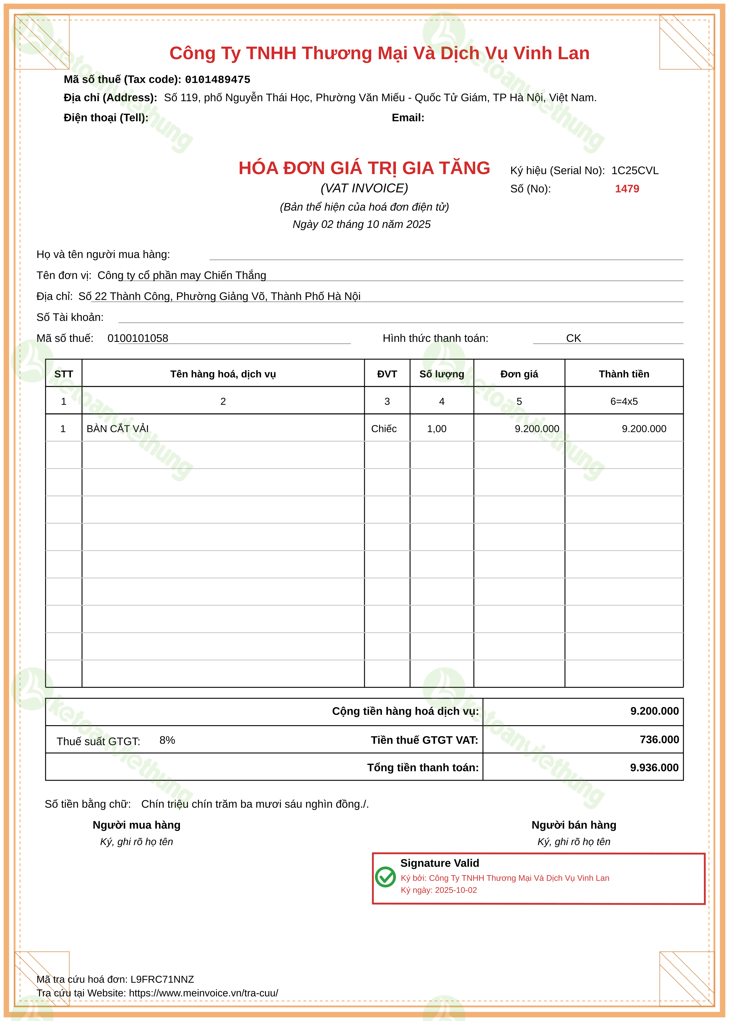 Hóa đơn mua vào chi phí trả trước: 1479