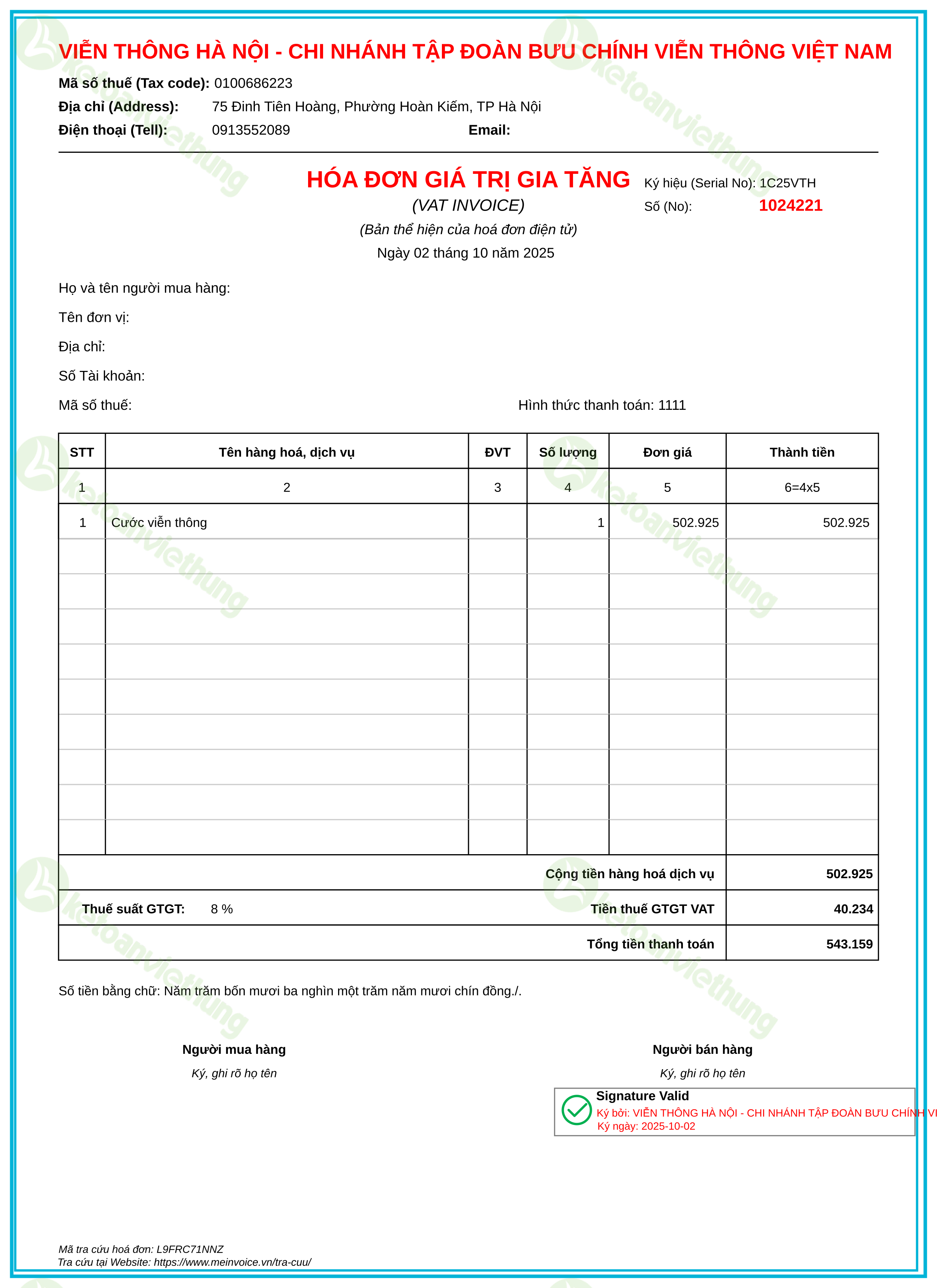 Hóa đơn cước viễn thông: 1024221