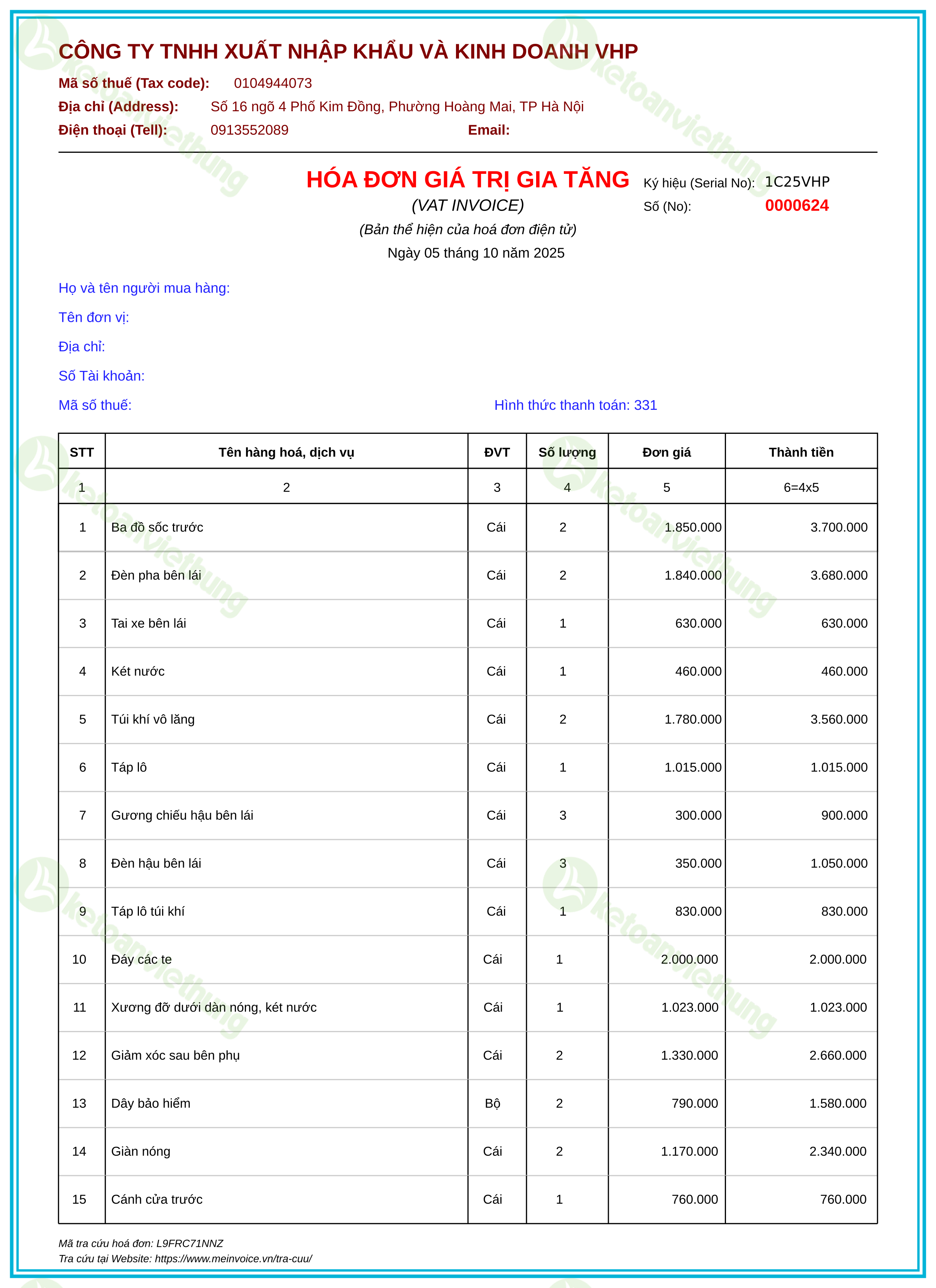 Hóa đơn mua nguyên vật liệu: 0000624