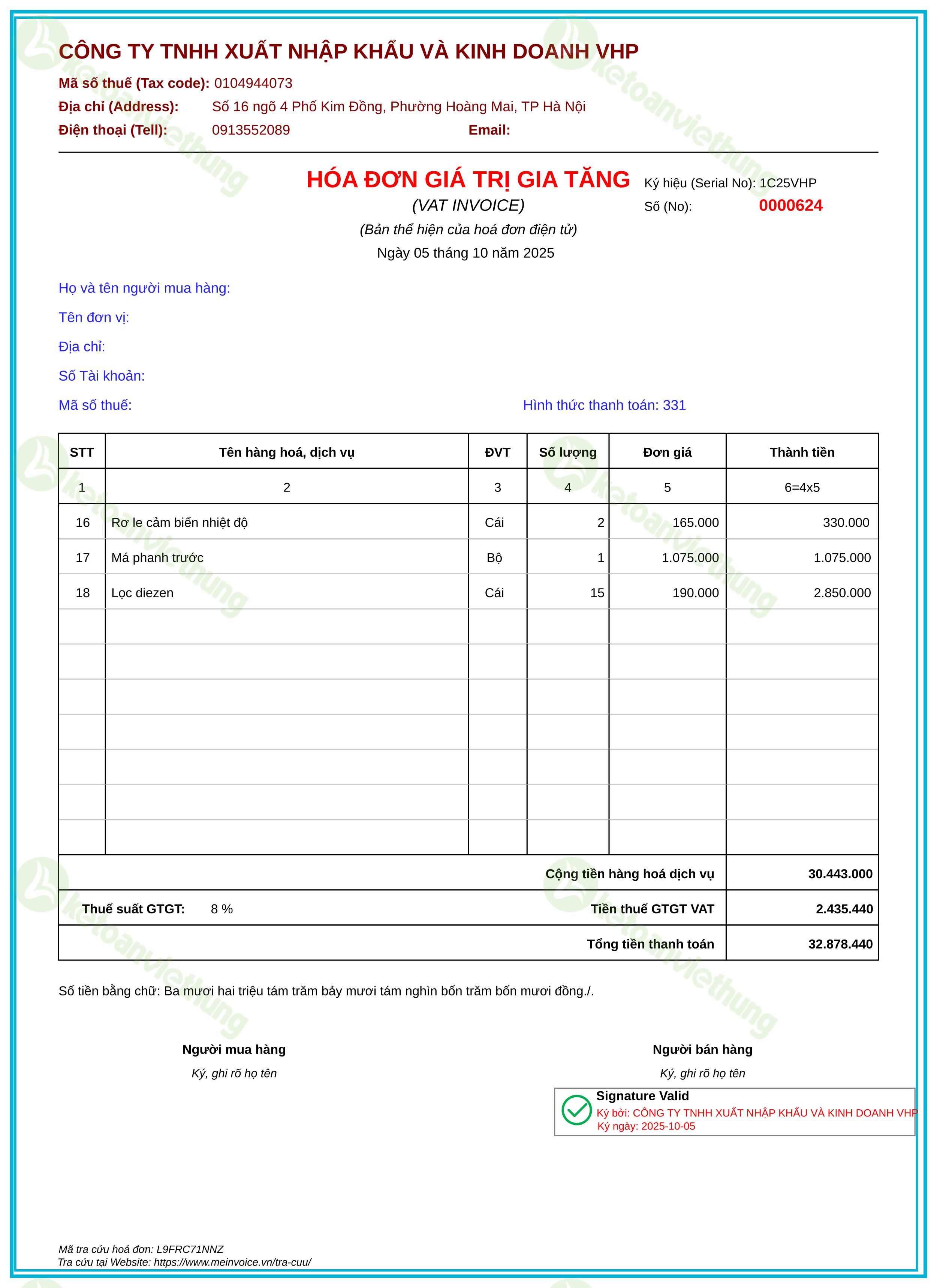 Hóa đơn mua nguyên vật liệu: 0000624 (trang 2)