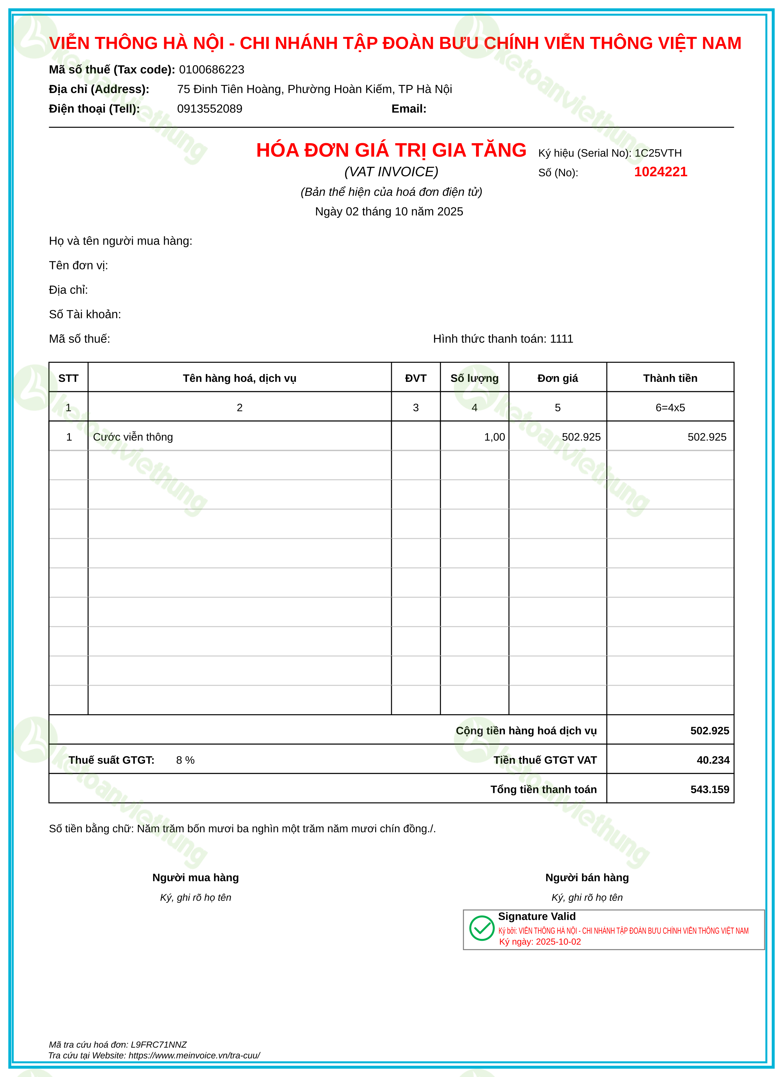Hóa đơn cước viễn thông: 1024221