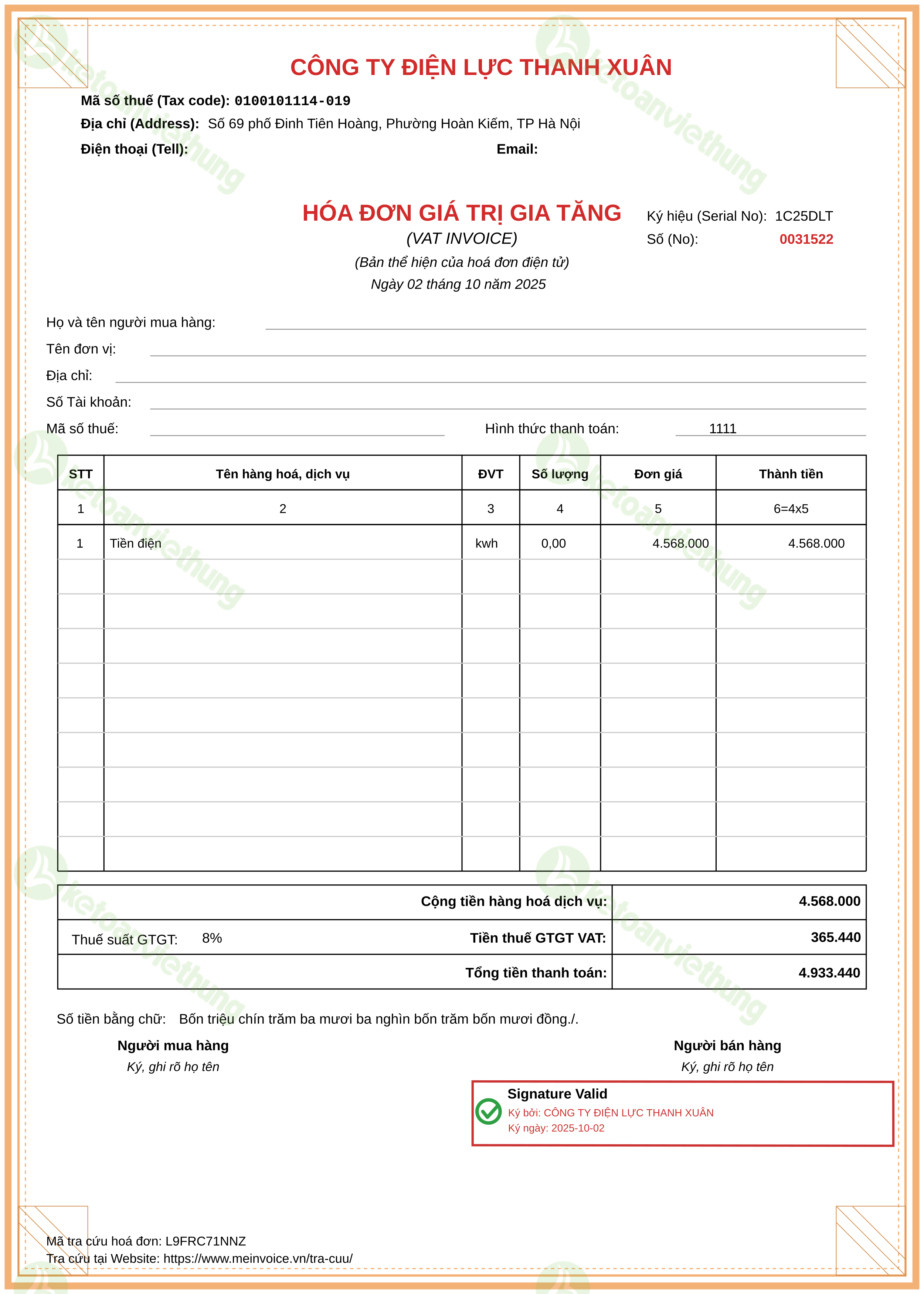 Hóa đơn tiền điện: 0031522