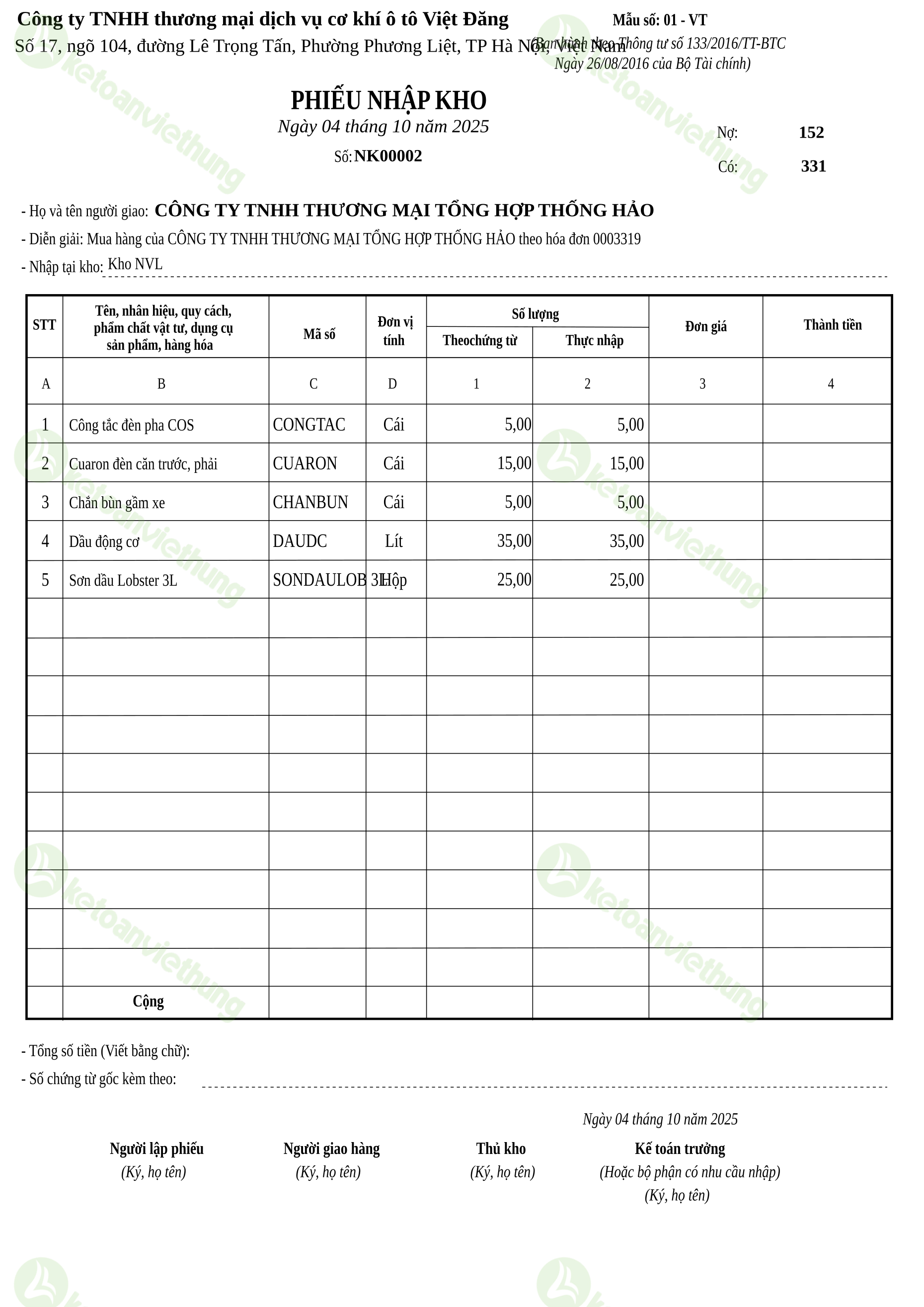 Phiếu nhập kho nguyên vật liệu: NK00002