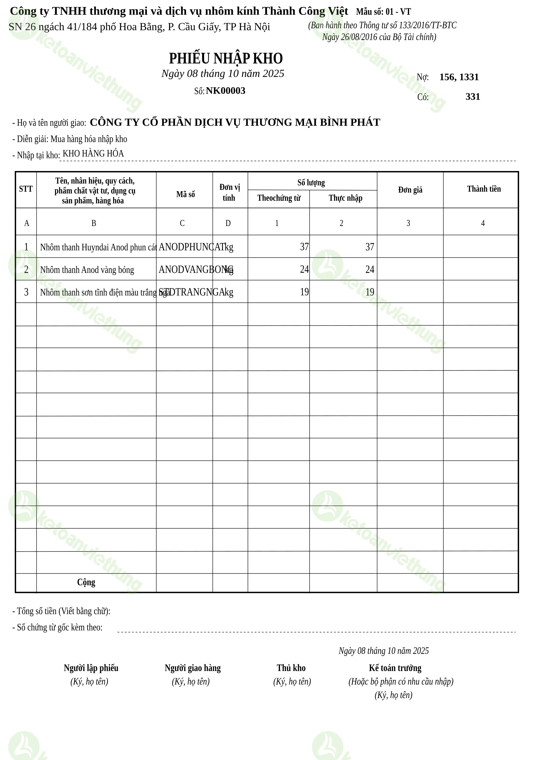 T7_NK00003_Phiếu nhập kho TT133