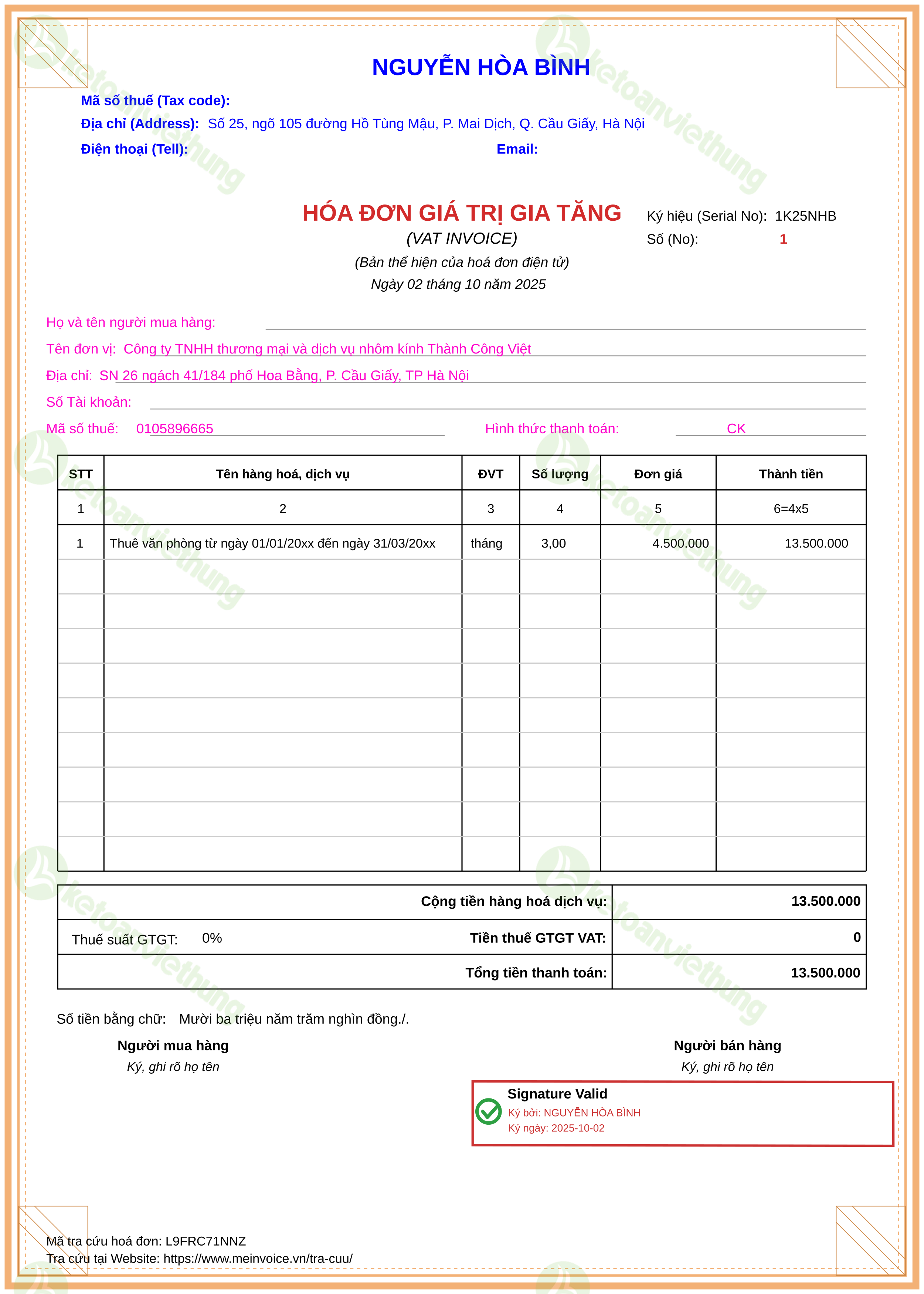 Hoá đơn thuê văn phòng
