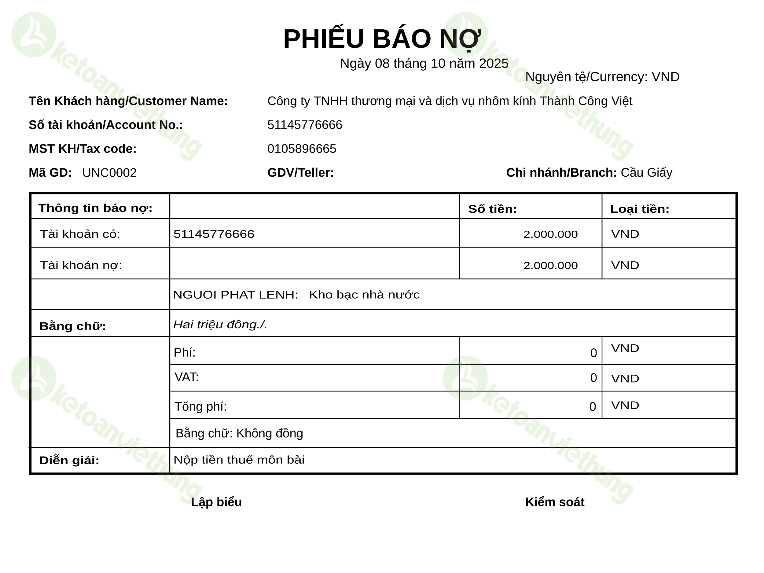 Giấy nộp tiền thuế môn bài: UNC0002