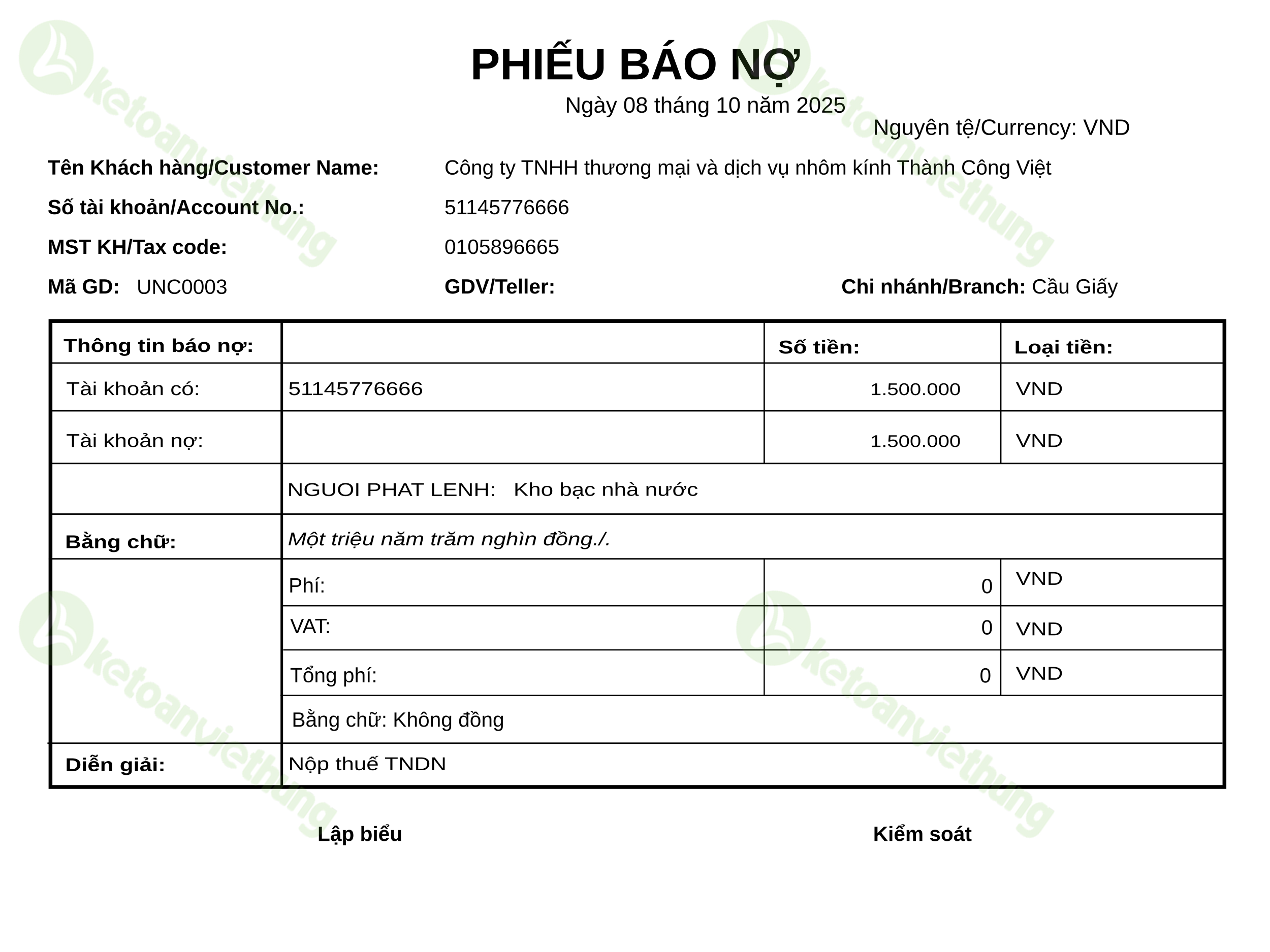 Giấy nộp tiền thuế thu nhập doanh nghiệp: UNC0003