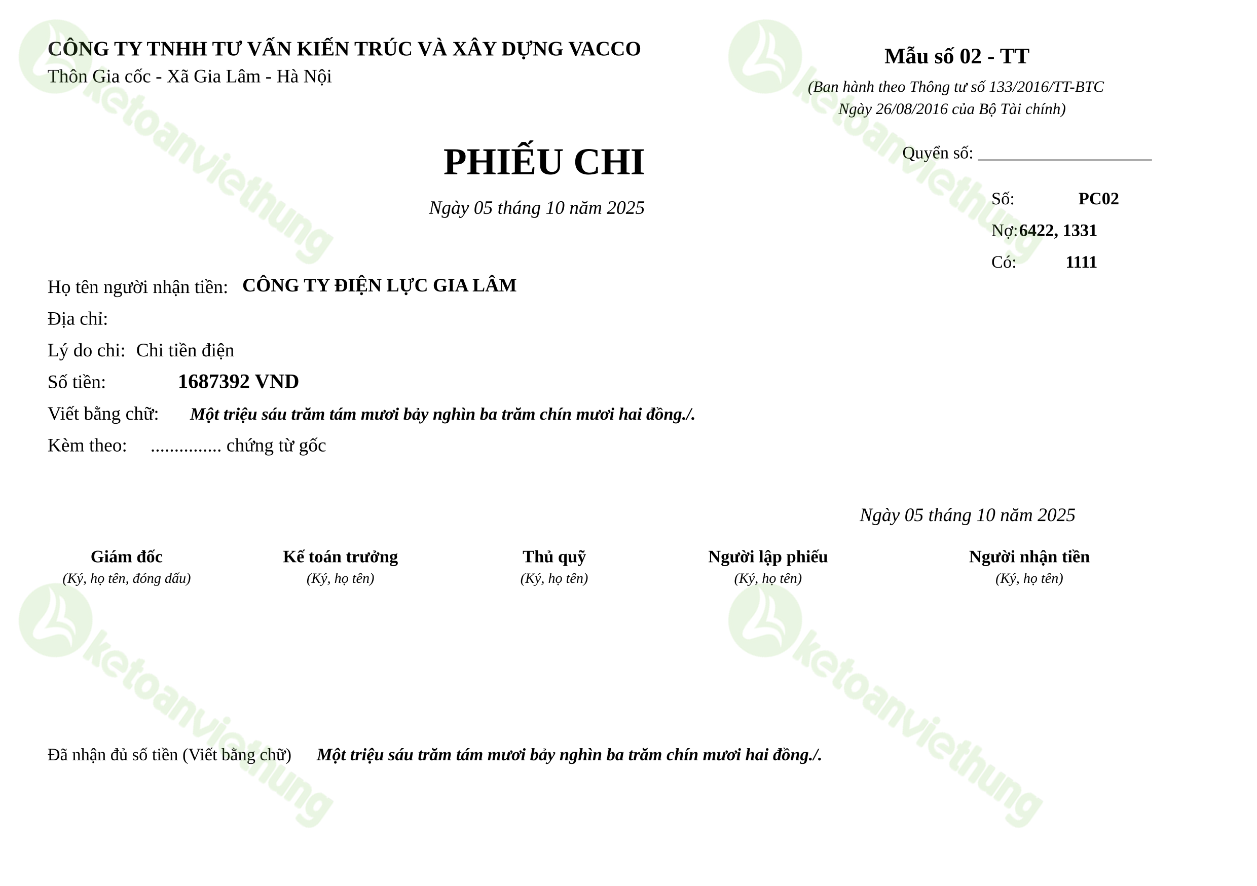 Phiếu chi thanh toán tiền điện: PC02